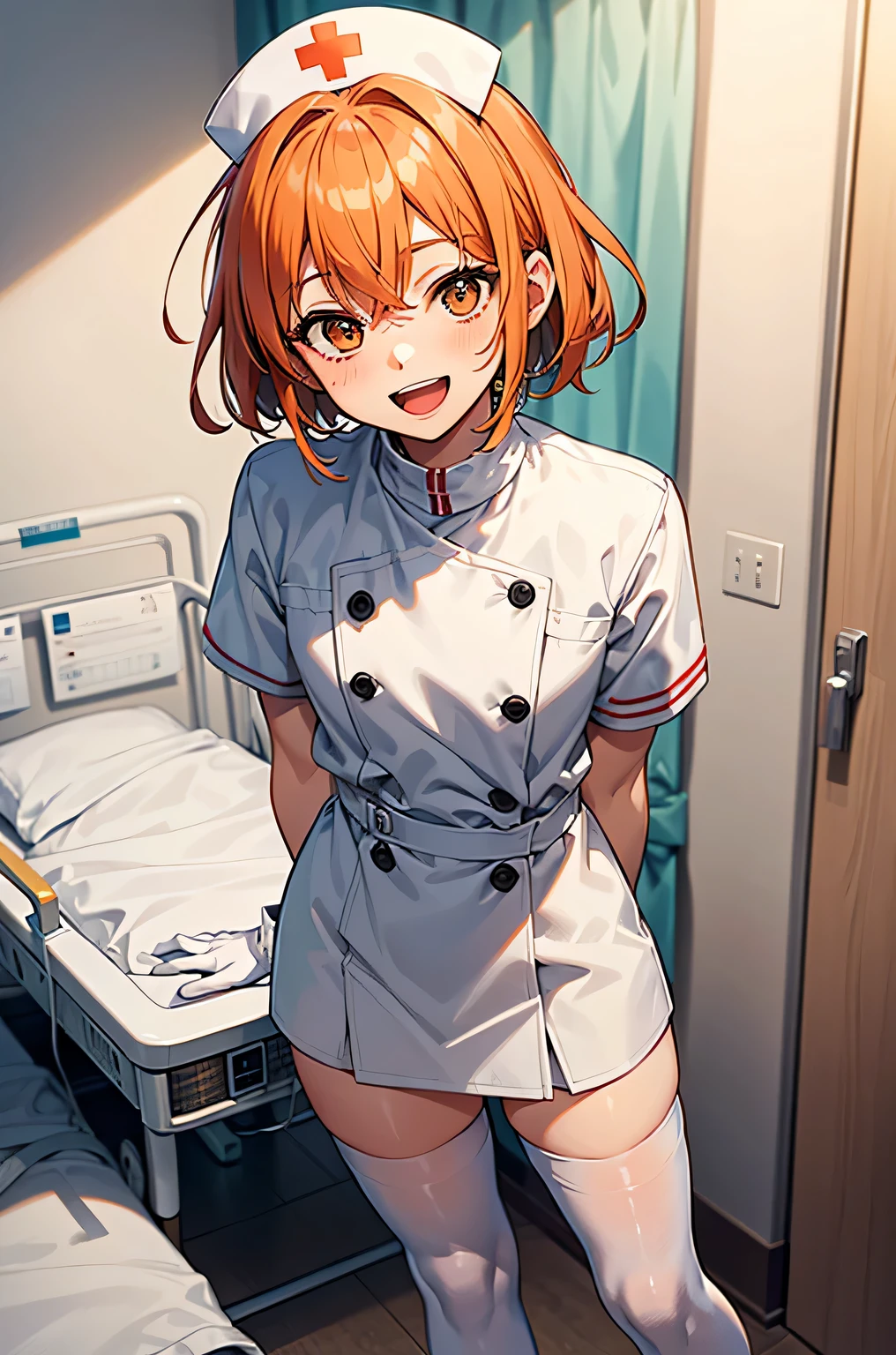 1boy, solo, male focus, nurse, nurse cap, white wear, ((white legwear, zettai ryouiki)), white gloves, short hair, orange hair, smile, open mouth, standing, ((hospital room)), sharp outline, short sleeves, shota, 12 years old, best quality, masterpiece