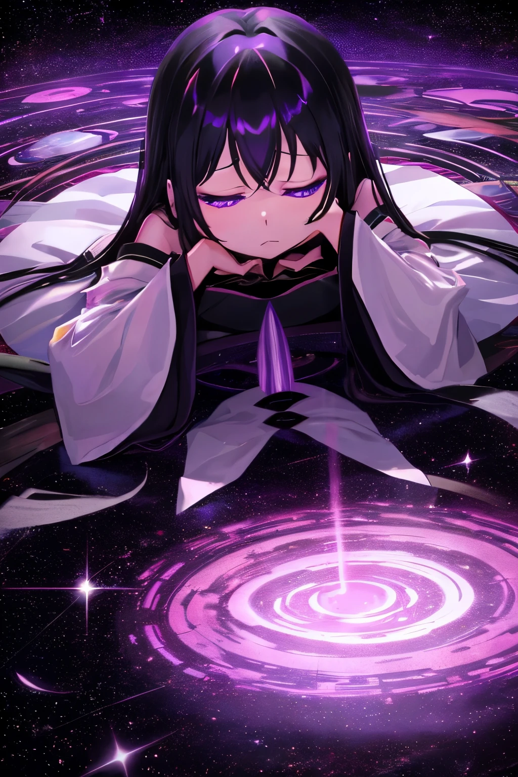 cosmic background meditate on the floor Both eyes are closed {Akemi_Homura_Puera Magimado Magica:1.15} A dark-haired