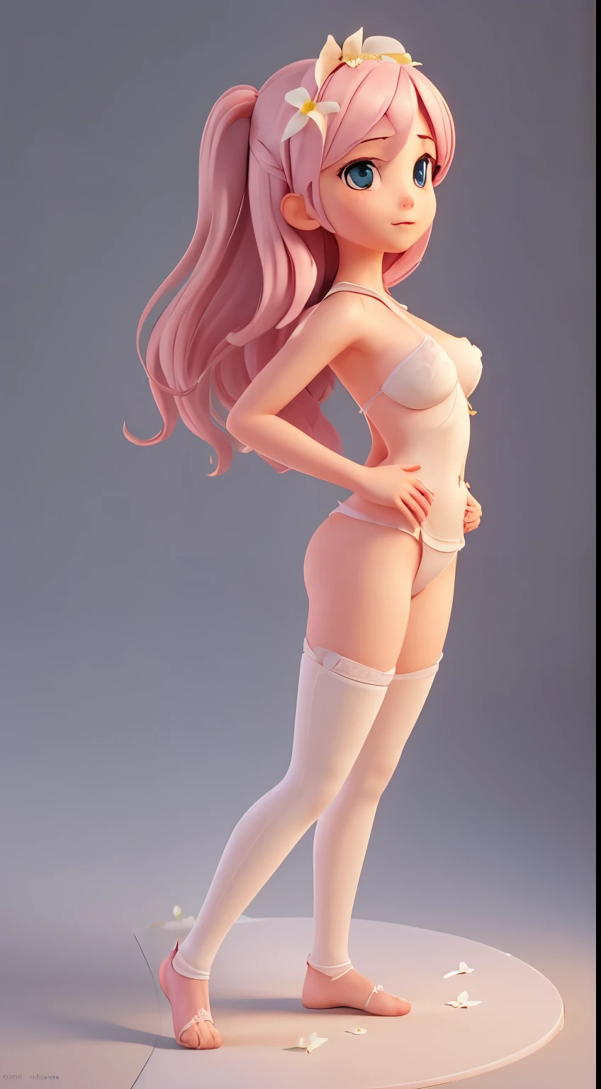 1girl, solo, top, (White lily flowers), female body aesthetics, intricate, best quality,large bust, large pink nipples, full-length, detailed backstory, Sayaka Miki, casual pose, movement dynamics,detailed textures, posing, hair flower, hair decoration