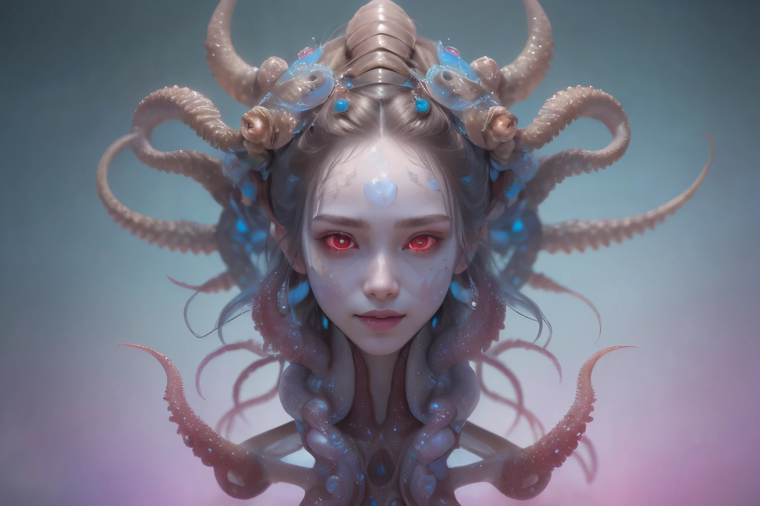 Portrait, (beautiful female alien:1.2), (she has red eyes with no pupils:1.8), (Translucent skin:1.7), (There is a female genital-like organ in the middle of the forehead:1.9), (The most beautiful face in the history of the universe:1.2),an evil gaze that seduces, (large mouth:1.1), (sharp teeth like a vampire:1.2), Full body like, (bio luminescent:1.5), (Smile wickedly:1.3), (sexypose:1.5), alien, No humans, cells are fused, (Lots of translucent tentacles:1.3) extraterrestrial, cell, bio image, Best Quality, 8K,4K_quality, High Definition, Dramatic Lighting, masutepiece:1.5,cinematic quality, detail up, (Intricate details:1.2), High resolution, High Definition, drawing faithfully, (Thick eyebrows:1.2), Beautiful eyes with fine symmetry,(Highly detailed face and eyes:1.2), Intimate face, (Super detailed skin quality feeling:1.4), Perfect Anatomy, (Beautiful toned body:1.5), (Moist skin:1.2), No makeup, (dark circles:1.1), long canines, cinematic drawing of characters, ultra high quality model, cinematic quality, detail up, (Intricate details:1.2), High resolution, High Definition, drawing faithfully, Official art, Unity 8K wall , 8K Portrait, Best Quality, Very High resolution, ultra detailed artistic photography, midnight aura, unreal enginee 5, Ultra Sharp Focus, art by alberto seveso, ArtGerm, Roisch, intricate artwork, best quality, masutepiece, ultra High resolution, (photos realistic:1.4), Ultra-realistic realism, dream-like, nautilus, Creation of fantasy, Snail, Dream Snail, biopunk nautilus, Thrilling color schemes, Ultra-realistic realism, seductively smiling, Blue tentacles,