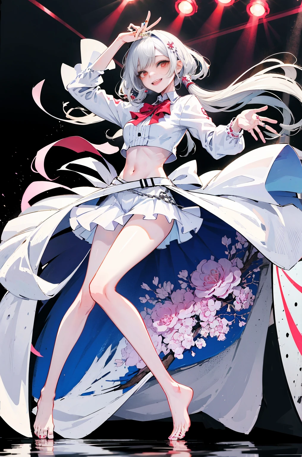Hyper-Resolution,
(realistically:1.3),
(1 Slim girl), Fashionab女孩, Fashionab,
Young face, red eye makeup,The face is red, (energetic smile),
(Slim) upper legs,
Crop topping ), swim wearotic Maihime,
,Fashion show,Lift your legs hie on stage,Audience,Full body photo,Barefoot,emo girl, kawaii, silber hair, Angelic, angel ring, locks,, The white花, The white, pure white, silvery white