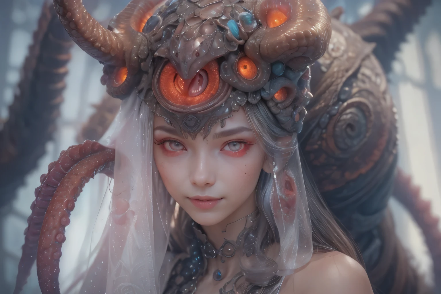 Portrait, (beautiful female alien:1.2), (she has red eyes with no pupils:1.8), (Translucent skin:1.7), (There is a female genital-like organ in the middle of the forehead:1.9), (The most beautiful face in the history of the universe:1.2),an evil gaze that seduces, (large mouth:1.1), (sharp teeth like a vampire:1.2), Full body like, (bio luminescent:1.5), (Smile wickedly:1.3), (sexypose:1.5), alien, No humans, cells are fused, (Lots of translucent tentacles:1.3) extraterrestrial, cell, bio image, Best Quality, 8K,4K_quality, High Definition, Dramatic Lighting, masutepiece:1.5,cinematic quality, detail up, (Intricate details:1.2), High resolution, High Definition, drawing faithfully, (Thick eyebrows:1.2), Beautiful eyes with fine symmetry,(Highly detailed face and eyes:1.2), Intimate face, (Super detailed skin quality feeling:1.4), Perfect Anatomy, (Beautiful toned body:1.5), (Moist skin:1.2), No makeup, (dark circles:1.1), long canines, cinematic drawing of characters, ultra high quality model, cinematic quality, detail up, (Intricate details:1.2), High resolution, High Definition, drawing faithfully, Official art, Unity 8K wall , 8K Portrait, Best Quality, Very High resolution, ultra detailed artistic photography, midnight aura, unreal enginee 5, Ultra Sharp Focus, art by alberto seveso, ArtGerm, Roisch, intricate artwork, best quality, masutepiece, ultra High resolution, (photos realistic:1.4), Ultra-realistic realism, dream-like, nautilus, Creation of fantasy, Snail, Dream Snail, biopunk nautilus, Thrilling color schemes, Ultra-realistic realism, seductively smiling, Blue tentacles,