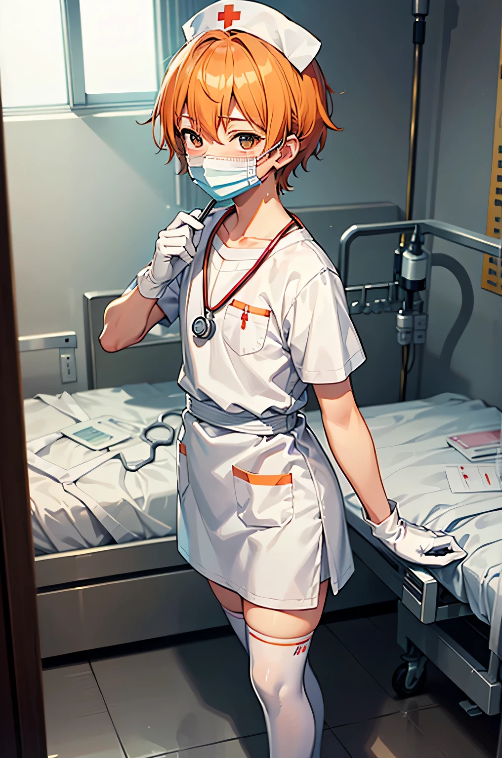 1boy, solo, male focus, nurse, nurse cap, white wear, ((white legwear, zettai ryouiki)), white gloves, short hair, orange hair, ((white surgical mask, covered nose)), standing, ((hospital room)), sharp outline, short sleeves, shota, 12 years old, best quality, masterpiece