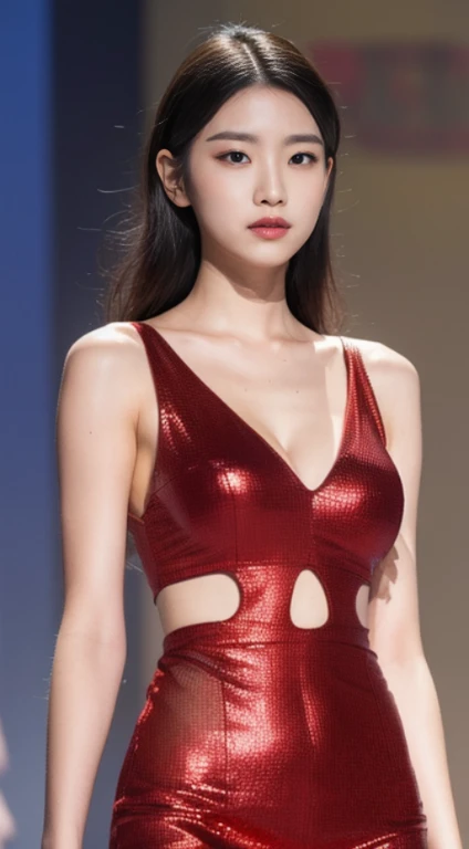 A woman with the same face as last time,4K、1Man Woman、A slender、 Loose wavy styling, Ecstatic expression、A woman in a dress posing on the runway, Red see-through dress,Be braless, Reveal stylish red dress, Translucent red dress, Open red dress, wearing red dress, low cut dress, perfectly proportions, 、captivating and enticing、FULL BODYSHOT、Including face and skin texture.,Detailed eyes、Seducting look、The camera is all over from a distance