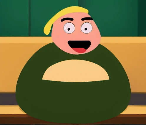 Eric Cartman eat Big Mac Sit on Couch in Tweet Posts, Big Heavy Fat Boy, Zombie Skin, Brown Hair, Brown Pants, (((Trey Parker and Matt Stone)))