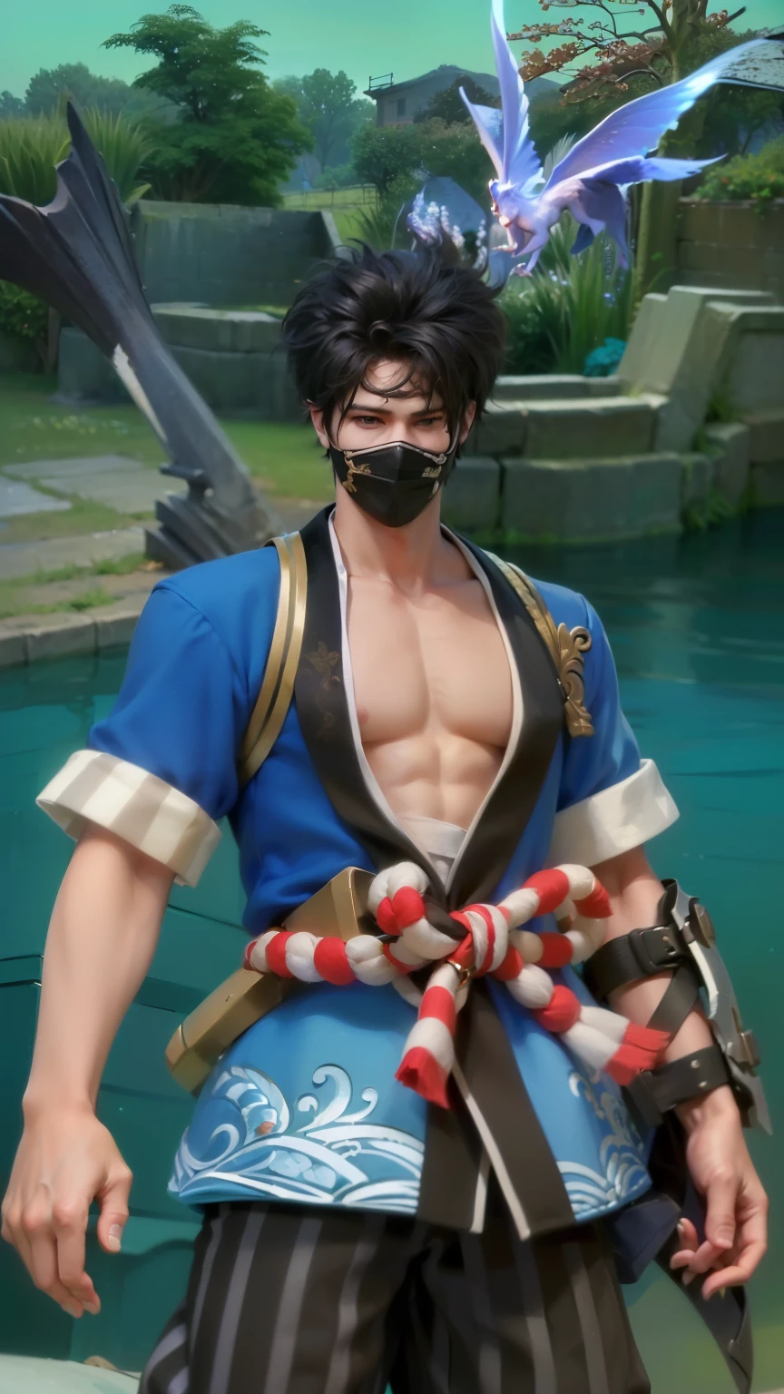 masculine male, masterpiece, ((perfect eyeest quality, (semirealism:1.9), beautiful lighting, (extremely detailed CG unity 4k fhd wallpaper), High Detail, Sharp focus, dramatic outdoors, 1 boy ,19 years old, black hair, light purpel eyes, smile, Attractive profile picture, masterpiece, ultra-precise rendering, beautiful and cool young man, trustworthy, dependable young man, savior of the world, design, most beautiful image, 4K, light green eyes, the color of the clothes is the same as the original, demon ninja, demon armor.