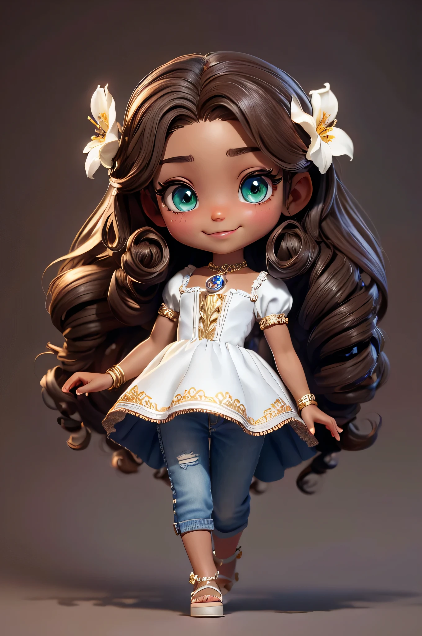 chibi 1 pequena menina Brasileira pele castanha escura:5, sorriso bonito, Andar no campo ((corpo inteiro))) "((with coffee))" sombras realistas, olhos brilhantes, pele detalhada, olhos verdes claros levemente cintilantes, Pose para foto, longos cabelos castanhos encaracolados, flores no cabelo, estilo rapunzel, Very detailed, Rosto 8k altamente detalhado, Formato de rosto perfeito, perfect full lips, nariz perfeito, olhos bonitos e corretos, Observador, vestido de noiva: 3.45 , Flores de cabelo, master part, best quality, only one, jeans, soio, Advanced Chibi