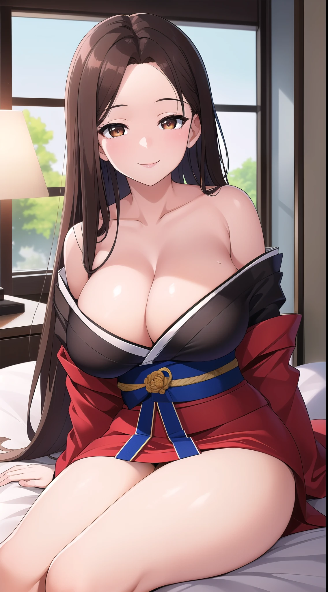 (best quality:1.5, highres, UHD, 4K, detailed lighting, shaders), brown long straight hair, forehead, mature woman, 30 years old, large breasts, thighs, sexy, erotic, lewd, off shoulder kimono, cleavage, round breasts, sitting on futon, smiling, flirting, close shot