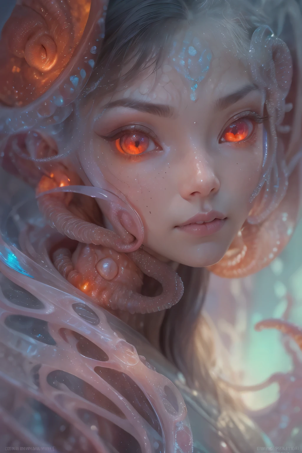 Portrait, (beautiful female alien:1.2), (she has red eyes with no pupils:1.8), (Translucent skin:1.7), (There is a female genital-like organ in the middle of the forehead:1.9), (The most beautiful face in the history of the universe:1.2),an evil gaze that seduces, (large mouth:1.1), (sharp teeth like a vampire:1.2), Full body like, (bio luminescent:1.5), (Smile wickedly:1.3), (sexypose:1.5), alien, No humans, cells are fused, (Lots of translucent tentacles:1.3) extraterrestrial, cell, bio image, Best Quality, 8K,4K_quality, High Definition, Dramatic Lighting, masutepiece:1.5,cinematic quality, detail up, (Intricate details:1.2), High resolution, High Definition, drawing faithfully, (Thick eyebrows:1.2), Beautiful eyes with fine symmetry,(Highly detailed face and eyes:1.2), Intimate face, (Super detailed skin quality feeling:1.4), Perfect Anatomy, (Beautiful toned body:1.5), (Moist skin:1.2), No makeup, (dark circles:1.1), long canines, cinematic drawing of characters, ultra high quality model, cinematic quality, detail up, (Intricate details:1.2), High resolution, High Definition, drawing faithfully, Official art, Unity 8K wall , 8K Portrait, Best Quality, Very High resolution, ultra detailed artistic photography, midnight aura, unreal enginee 5, Ultra Sharp Focus, art by alberto seveso, ArtGerm, Roisch, intricate artwork, best quality, masutepiece, ultra High resolution, (photos realistic:1.4), Ultra-realistic realism, dream-like, nautilus, Creation of fantasy, Snail, Dream Snail, biopunk nautilus, Thrilling color schemes, Ultra-realistic realism, seductively smiling, Blue tentacles,