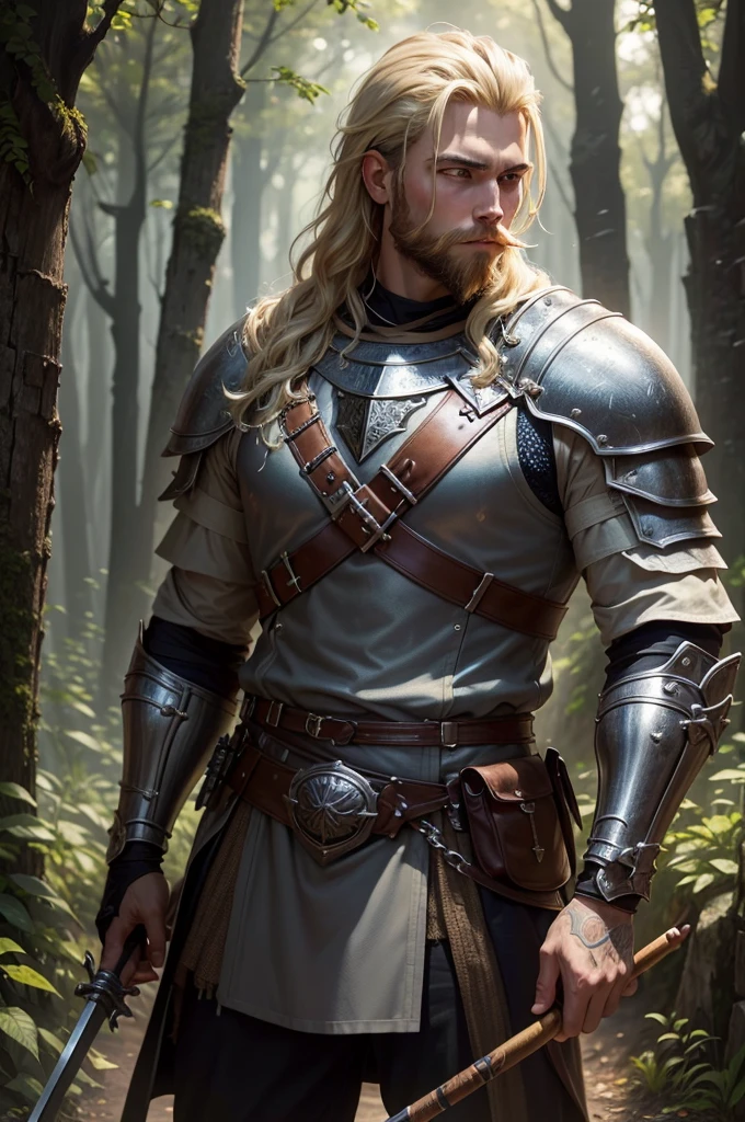 (best quality, highres, masterpiece:1.2), ultra-detailed, realistic:1.37, HDR, studio lighting, physically-based rendering, extreme detail description, professional, vivid colors, bokeh, portraits, forest, medieval, young man, knight, chainmail, short blonde hair with gradient, full beard, smoking cigarette, holding axe with both hands.

Be aware of：Replace the keyword pronounced Jovem with Young Man，Replace the keyword pronounced templário with knight，English words will be used to describe the clothing、Hairstyles、Cigarettes and weapone aware of：Make sure punctuation、Label and exception completeness and in descending order of importance。