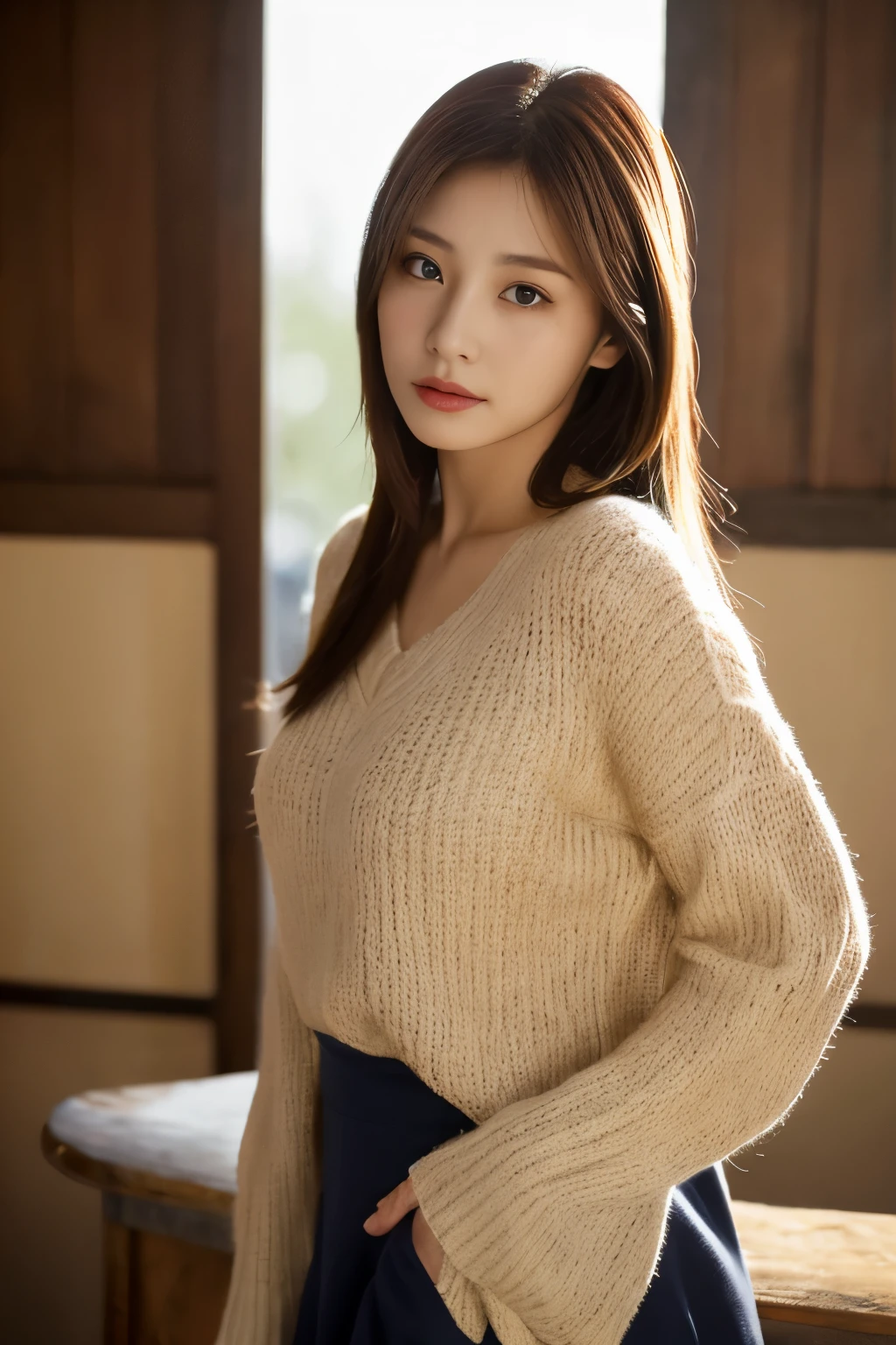 masuter piece, top-quality, masterpiece, hight resolution, Photorealsitic, sharp, Raw photography, 8k wallpaper, flawless, profetional lighting, ighly detailed, depth of fields,Pale solid color background, ((one beautiful women, japanese mature)), (18year old)), Female sexy, Detailed face, beautidful eyes, bangss, small breasts of good shape, Light Brown Straight Hair, Faint lips, ((standing at front、Staring at the viewer, serious face eyes.)), Sweaters, skirt by the, fully body photo, cowboy shot