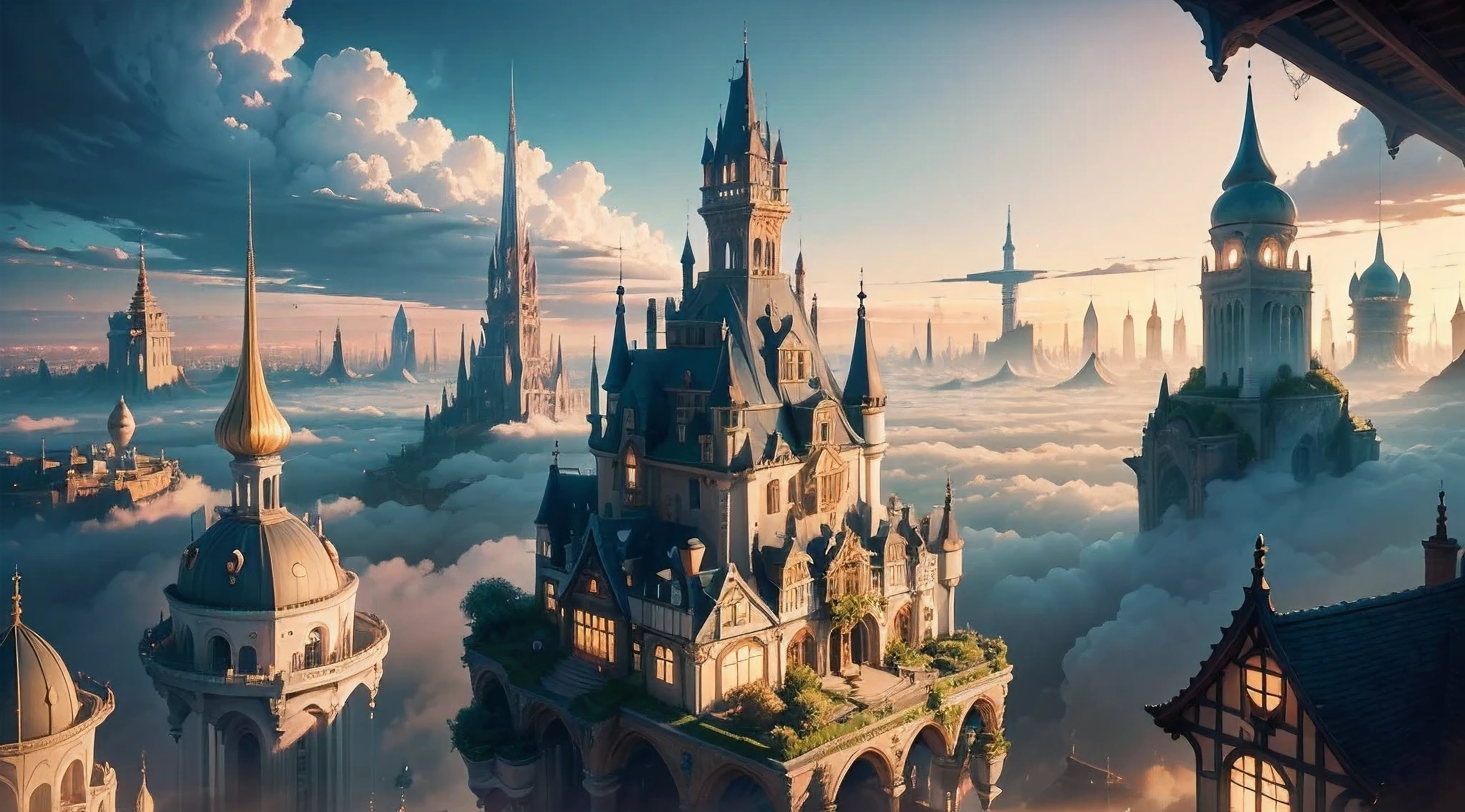 A town floating in the clouds, Surreal atmosphere, dreamlike landscapes, ethereal clouds, magnificent architectural structure, complex buildings, vibrant with colors, Whimsical elements, The world of dreams, Surreal lighting, floating garden, Spiral staircase, suspended bridge, Stunning aerial view, Peaceful atmosphere, tranquil ambiance, Complicated details, Magical skyline, Amazing city views, otherworldly charm, towering skyscrapers, whimsical roof, charming landmark, Charm Street, hidden alley, immersive experience, Fantasy adventure, Wonderful exploration, suractual paradise, Ethereal charm, Architectural marvel, Seamless harmony between nature and man-made structures, Beautiful clouds are dancing around, Heavenly tranquility, picturesque panorama, floating in sky, Hidden treasure, The possibilities are endless, Dream come true, Harmony.
(Best quality, 8K, A high resolution, tmasterpiece:1.2), ultra - detailed, (actual, photoactual, photo-actual:1.37), HighDynamicRange, hyper HD, Studio lighting, vibrant with colors, suractual palette, in pastel shades, Warm gold tone, Soft and soft lighting, Fantastical Atmosphere, Charming composition.