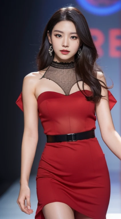 A woman with the same face as last time，４Ｋ、１Man Woman、A slender、 Loose wavy styling, Ecstatic expression、A woman in a dress posing on the runway, Red see-through dress,Be braless, Reveal stylish red dress, Translucent red dress,A red dress with a V-shaped opening, wearing red dress, low cut dress, perfectly proportions, 、captivating and enticing、FULL BODYSHOT、Including face and skin texture.，Detailed eyes、Seducting look、There is no camera, the whole body is seen from a distance