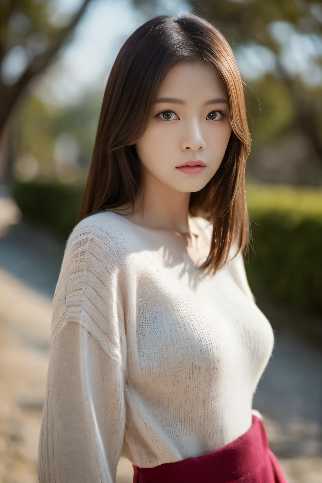 masuter piece, top-quality, ​masterpiece, hight resolution, Photorealsitic, sharp, Raw photography, 8k wallpaper, flawless, profetional lighting, ighly detailed, depth of fields,Pale solid color background, ((one beautiful women, japanese mature)), (18year old)), Female sexy, Detailed face, beautidful eyes, bangss, small breasts of good shape, Light Brown Straight Hair, Faint lips, ((standing at front、Staring at the viewer, serious face eyes.)), Sweaters, skirt by the, fully body photo, cowboy  shot