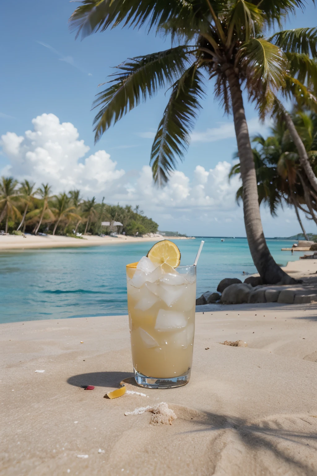 ((best quality)), ((masterpiece)), (detailed), view of a tropical island with white sand, palm trees and blue water, in the foreground is a cocktail in a coconut shell with a straw and an umbrella.