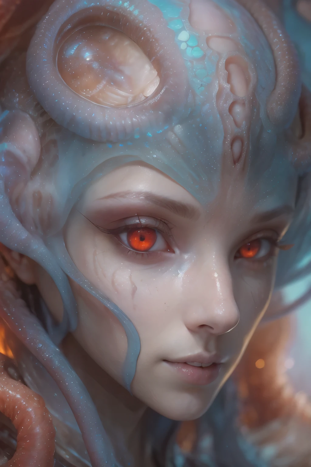 Portrait, (beautiful female alien:1.2), (she has red eyes with no pupils:1.8), (Translucent skin:1.7), (There is a female genital-like organ in the middle of the forehead:1.9), (The most beautiful face in the history of the universe:1.2),an evil gaze that seduces, (large mouth:1.1), (sharp teeth like a vampire:1.2), Full body like, (bio luminescent:1.5), (Smile wickedly:1.3), (sexypose:1.5), alien, No humans, cells are fused, (Lots of translucent tentacles:1.3) extraterrestrial, cell, bio image, Best Quality, 8K,4K_quality, High Definition, Dramatic Lighting, masutepiece:1.5,cinematic quality, detail up, (Intricate details:1.2), High resolution, High Definition, drawing faithfully, (Thick eyebrows:1.2), Beautiful eyes with fine symmetry,(Highly detailed face and eyes:1.2), Intimate face, (Super detailed skin quality feeling:1.4), Perfect Anatomy, (Beautiful toned body:1.5), (Moist skin:1.2), No makeup, (dark circles:1.1), long canines, cinematic drawing of characters, ultra high quality model, cinematic quality, detail up, (Intricate details:1.2), High resolution, High Definition, drawing faithfully, Official art, Unity 8K wall , 8K Portrait, Best Quality, Very High resolution, ultra detailed artistic photography, midnight aura, unreal enginee 5, Ultra Sharp Focus, art by alberto seveso, ArtGerm, Roisch, intricate artwork, best quality, masutepiece, ultra High resolution, (photos realistic:1.4), Ultra-realistic realism, dream-like, nautilus, Creation of fantasy, Snail, Dream Snail, biopunk nautilus, Thrilling color schemes, Ultra-realistic realism, seductively smiling, Blue tentacles,