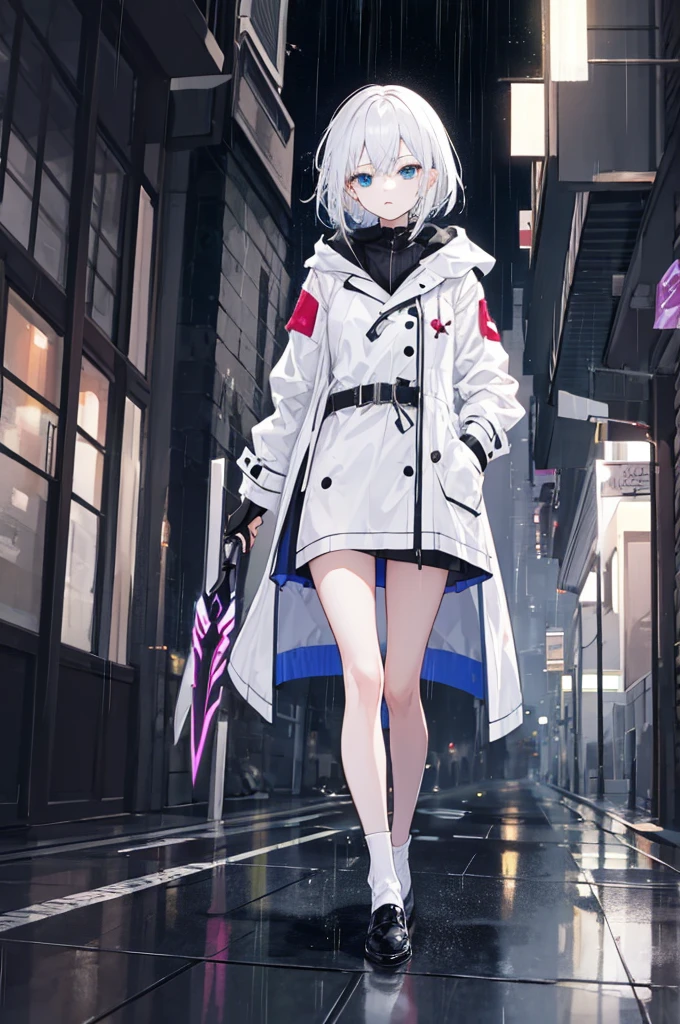 A girl with shoulder-length white hair,Wearing a white coat,Walking in the bustling city in the night rain.Holding a black and blue high-tech sword,is a perfect face,The blade of the sword hits the floor,Girl wearing black socks，The girl&#39;s legs are thin and white,The sword in the girl&#39;s hand is so slender that it can touch the floor