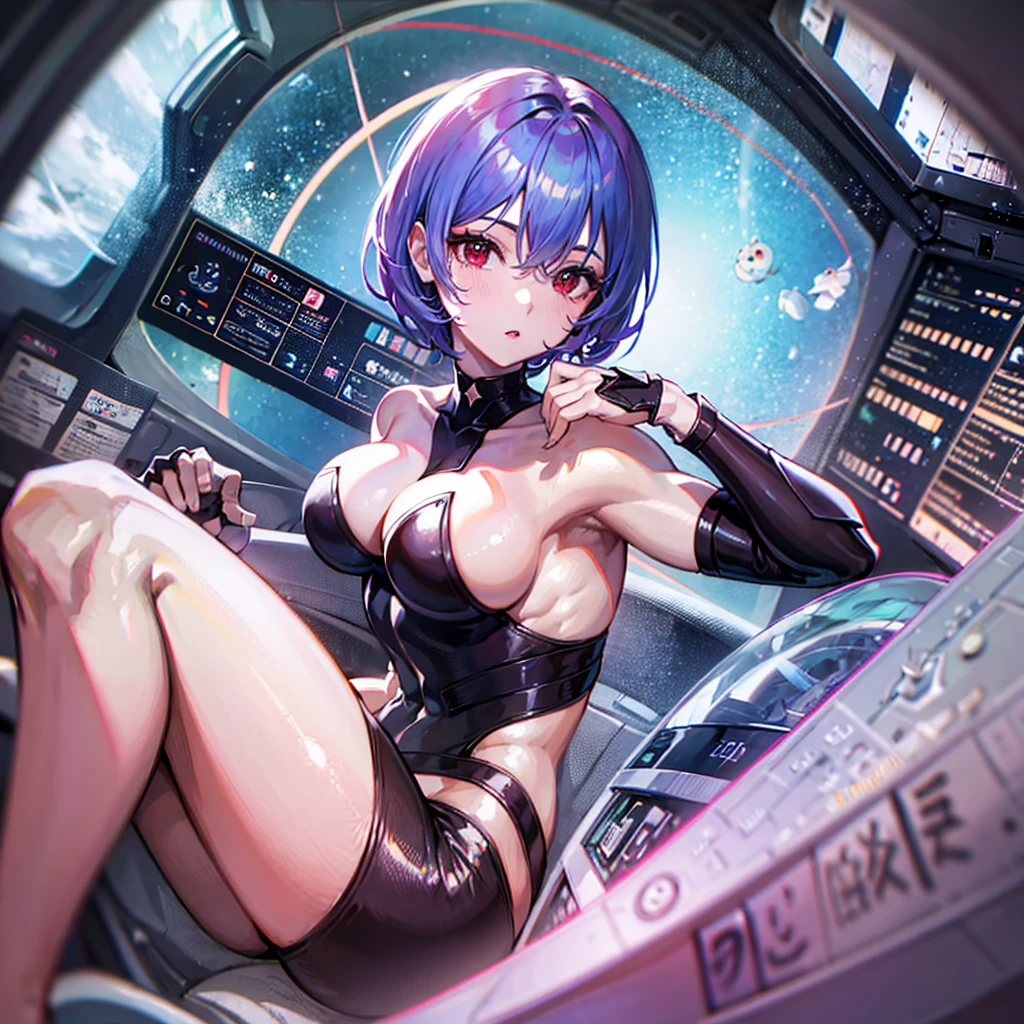 (((masterpiece、Top image quality、top-quality、highly detailed unity 8kwall-paper)))、((Illustration of one girl))、(pilot)、(((blue silver short hair)))、Red eyes、((Tall))、(((Muscle Girl、Muscular and strong body、abdominals、muscular and thick arms、muscular and thick legs、stocky build、muscular legs、broad shoulders))))、(((白いpilotスーツ)))、((manspreading、Sitting in the cockpit、armpit))、((space fighter cockpit、The Universe on the Monitor、Earth seen from space))