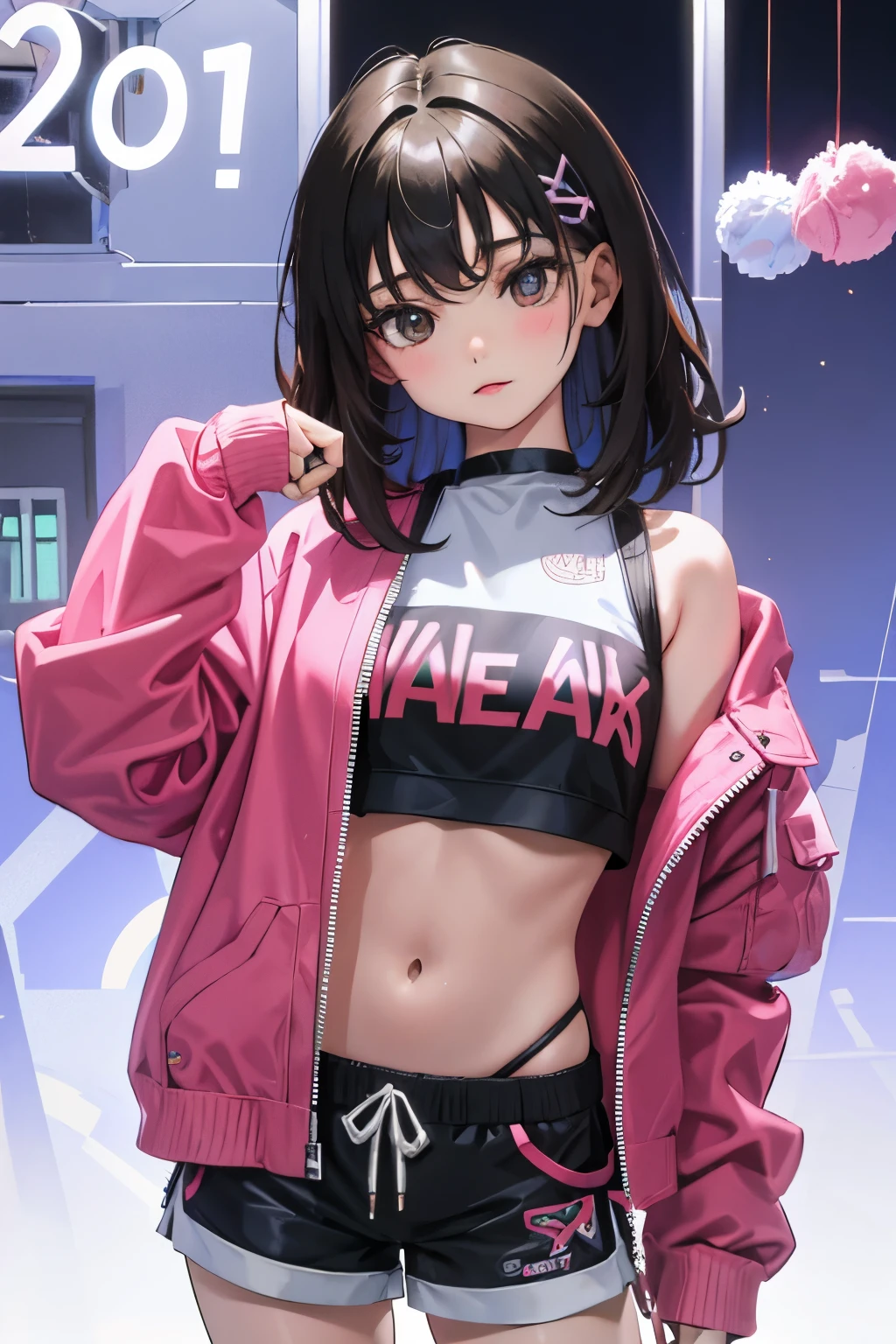 (),(masterpiece,Highest Quality),Crop Top Look,Pastel Hoodie,(Gingham check shorts),A dark-haired,World of toys celebrating new year 2024