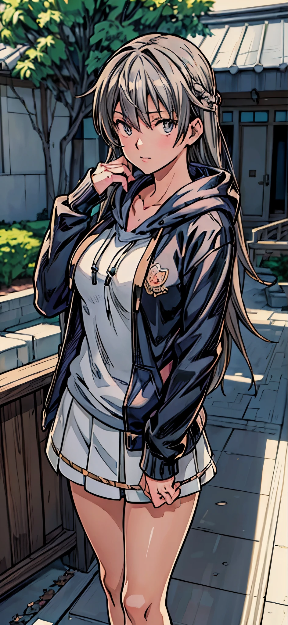 (Best Quality,4K,8K,hight resolution,masutepiece:1.2), Ultra-detailed, (Realistic,photoRealistic,photo-Realistic:1.37), dark beautiful girl, Smirk,((Gray hair color)),((Long hair)), ((Hair above the left eye)),((Larger hoodie)),skirt by the,Black spats, espadrilles,Beautiful detailed eyes, Beautiful detailed lips, extremely detailed eye and face, long eyelashes, Realistic anime 3D style, Smooth Anime CG Art, Digital rendering by Makoto Shinkai, Moe Anime Art Style, photoRealistic rendering of an anime girl, Shinkai Makoto style, Cute anime girl visuals, Realistic young anime girl, girl fan art, Created by Anime Artist&#39;studio of.