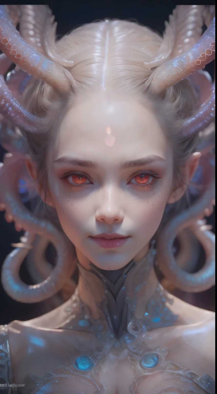 Portrait, (beautiful female alien:1.2), (she has red eyes with no pupils:1.8), (Translucent skin:1.7), (There is a female genital-like organ in the middle of the forehead:1.9), (The most beautiful face in the history of the universe:1.2),an evil gaze that seduces, (large mouth:1.1), (sharp teeth like a vampire:1.2), Full body like, (bio luminescent:1.5), (Smile wickedly:1.3), (sexypose:1.5), alien, No humans, cells are fused, (Lots of translucent tentacles:1.3) extraterrestrial, cell, bio image, Best Quality, 8K,4K_quality, High Definition, Dramatic Lighting, masutepiece:1.5,cinematic quality, detail up, (Intricate details:1.2), High resolution, High Definition, drawing faithfully, (Thick eyebrows:1.2), Beautiful eyes with fine symmetry,(Highly detailed face and eyes:1.2), Intimate face, (Super detailed skin quality feeling:1.4), Perfect Anatomy, (Beautiful toned body:1.5), (Moist skin:1.2), No makeup, (dark circles:1.1), long canines, cinematic drawing of characters, ultra high quality model, cinematic quality, detail up, (Intricate details:1.2), High resolution, High Definition, drawing faithfully, Official art, Unity 8K wall , 8K Portrait, Best Quality, Very High resolution, ultra detailed artistic photography, midnight aura, unreal enginee 5, Ultra Sharp Focus, art by alberto seveso, ArtGerm, Roisch, intricate artwork, best quality, masutepiece, ultra High resolution, (photos realistic:1.4), Ultra-realistic realism, dream-like, nautilus, Creation of fantasy, Snail, Dream Snail, biopunk nautilus, Thrilling color schemes, Ultra-realistic realism, seductively smiling, Blue tentacles,