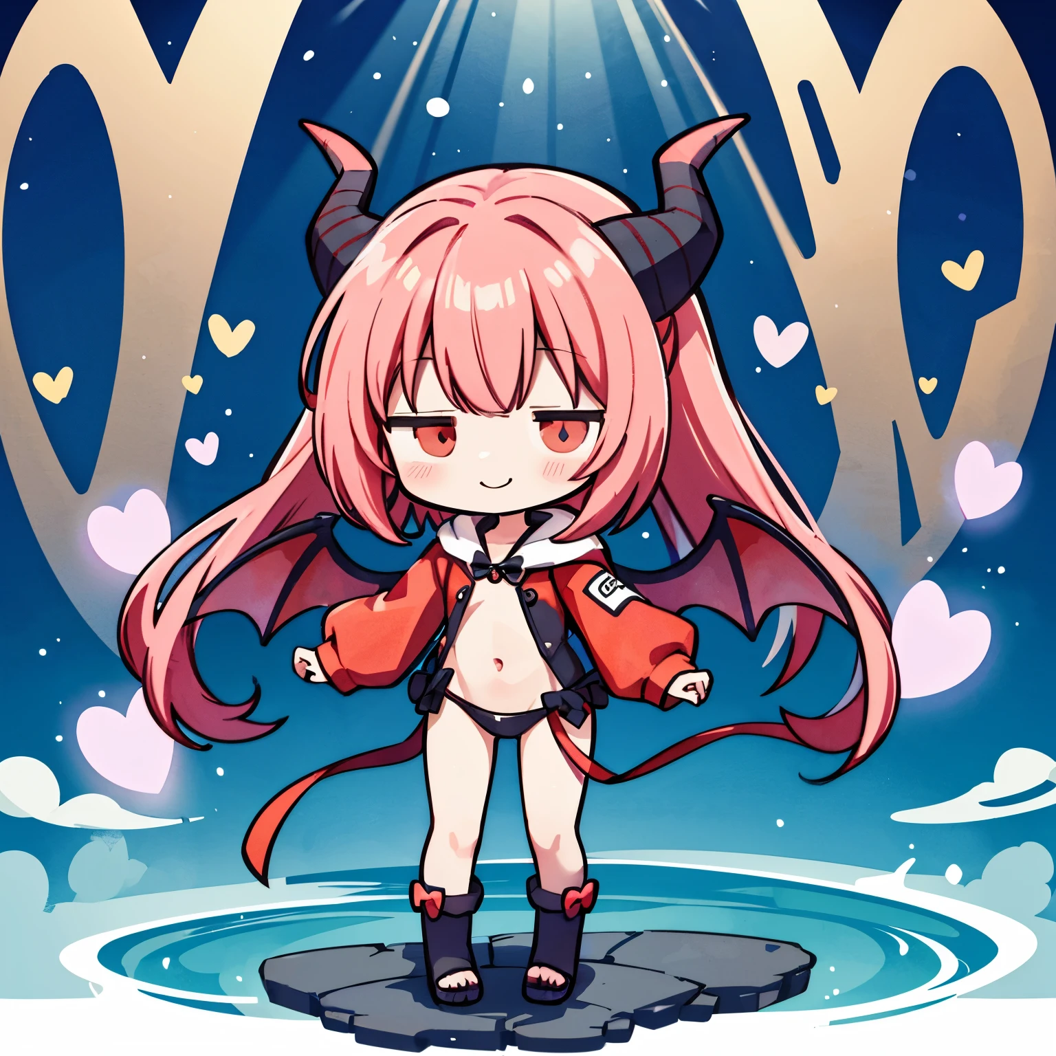 (Chibi:1.2), full bodyesbian、Kigurumi,succubus、succubusの着ぐるみ、a smile、Devil's Wings、Horns、Devil Bikini、watercolor paiting, Standing, Sunlight, (work:1.2)、heart、teak、