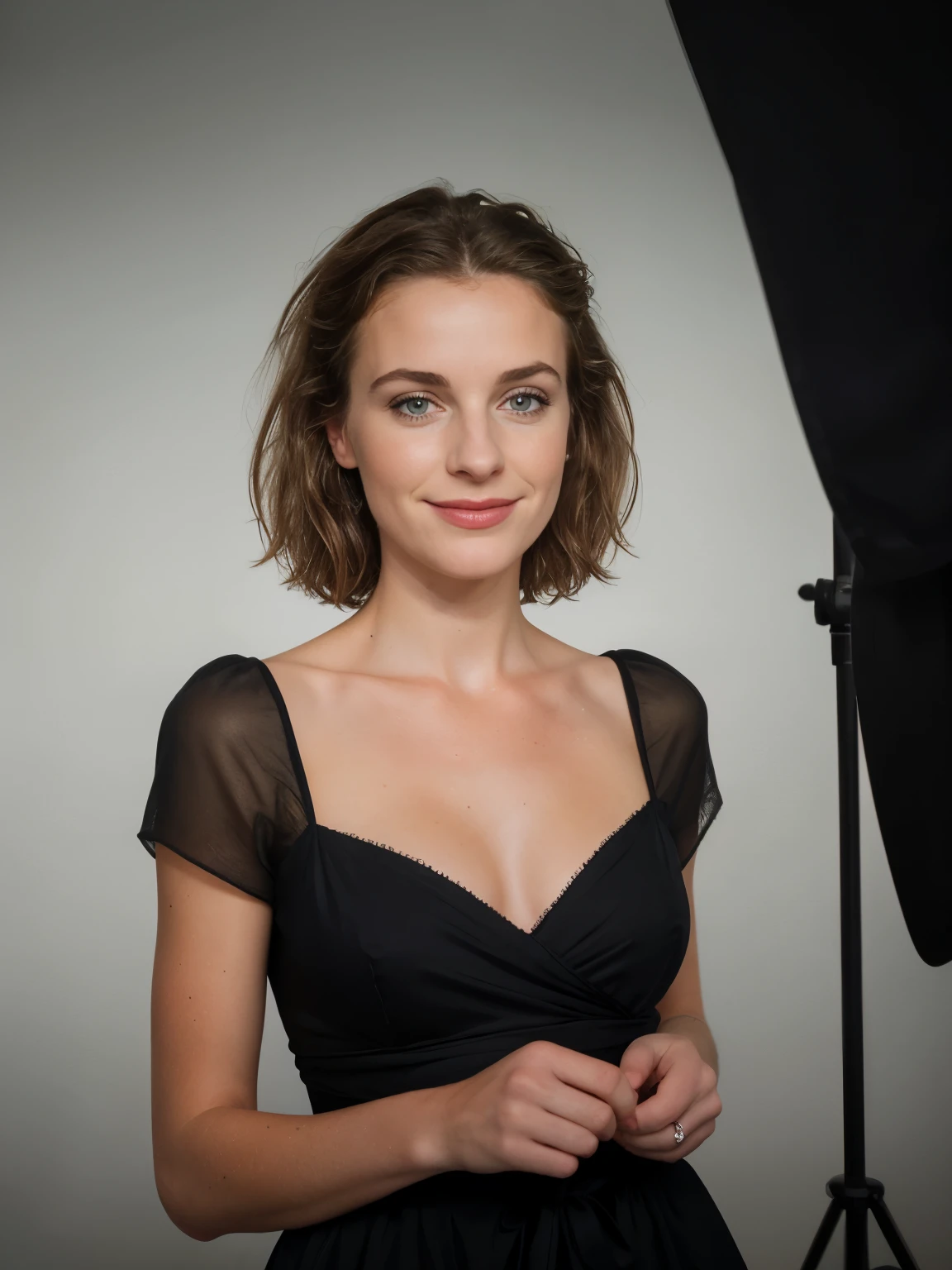 Photographie de 1 superbe fille de 23 ans , Porter est une robe de soirée avec un décolleté , cheveux bruns ,en studio photo fond unis , photo portrait, Souriant, Regarder face caméra , Éclairage spectaculaire, visage symétrique, magnifique, (clivage profond), Séance photo, occidental, (Chef-dœudansre), meilleur qualité, résolution élevée, Contexte extrêmement détaillé, peau avec pores, , éclairage cinématographique Terminé