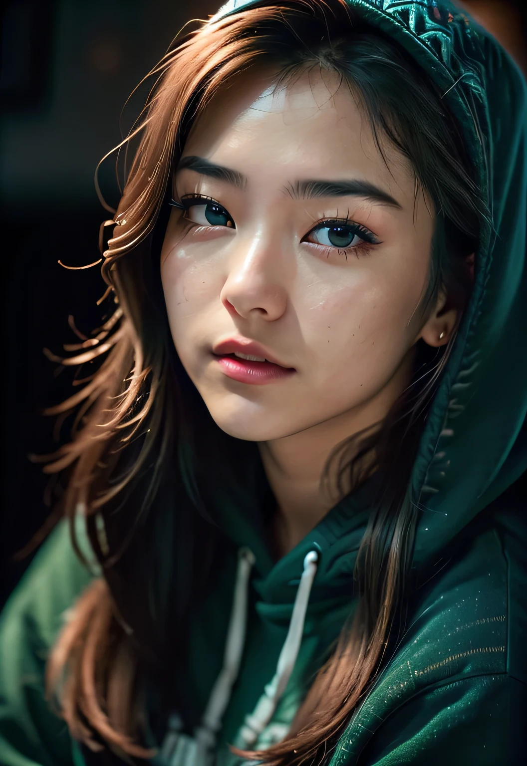 Raw photography、25-year-old girl、Blue Hoodie、(1girl in)、(realisitic)、(Photorealsitic:1.5)、lipsticks、multi-colored long hair、a choker、(Raw photography、8K UHD、film grains)、Sharp eyeliner、Her thick eyelashes and cheek eyeshadow are very delicate and beautiful...、8K、(Soft lighting)、hightquality、hight resolution、foco nítido、ighly detailed、during the day、(sunlight on face)、美しく詳細な目ighly detailedな目と顔、​masterpiece、(lighting like a movie)、(high-detail skin:1.2)、8K UHD、Digital SLR、Soft lighting、hightquality、film grains、​masterpiece, 最hightquality, hightquality, hight resolution、Blue-Red-Green-Yellow backlight