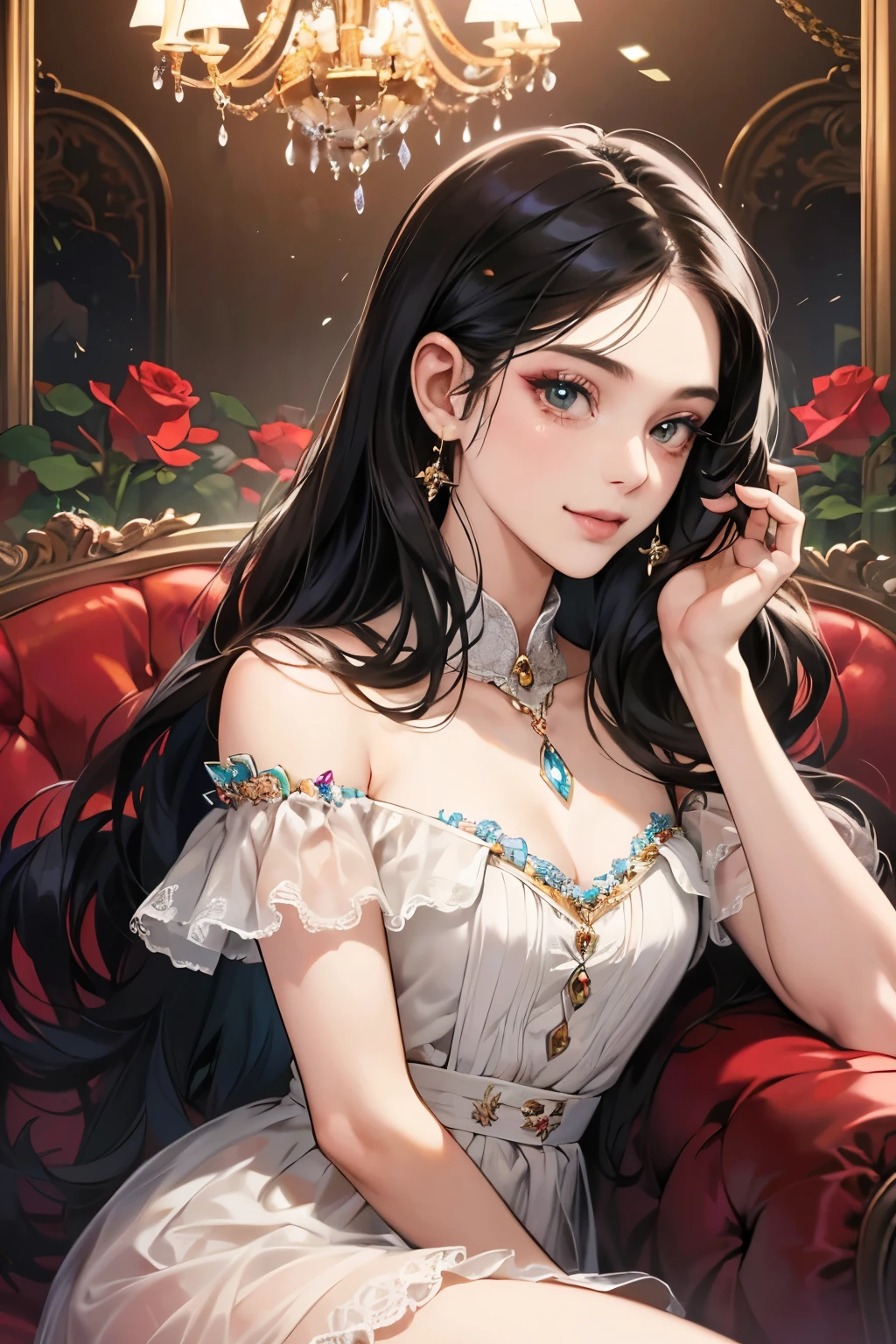 (masutepiece, Digital Art, Digital Illustration, 4K, 8K, Ultra-detailed, beautiful image, Sharp Image, Photorealistic, Raw photo, Perfect face, Perfect lines, Perfect eyes, Soft lighting) 1 woman, (Long Black Hair,straight haired,Bullish gaze,Beautie,ellegance,mode ,Onepiece、Solid makeup,23 y-o woman,small tits:1.3),スーツ姿のハンサムなember性2人, (ember,ember性はスーツ姿,well-muscled,Firm shoulder width, emberの,Boyish hairstyle,English gentlemanly style,クールな表情の30代ember性,明るい笑顔の28歳ember性:1.2),Antique furnishings,Antique Clamps,Antique chair,chandeliers,Crystal Glass,Luxury,fantastical light,Marble fireplace,(embarrassed from,Shy smile,1 red rose:1.2),Antique sofa,Leather sofa,the kiss、kiss、a couple、couple kissing、Romance、doress、single people