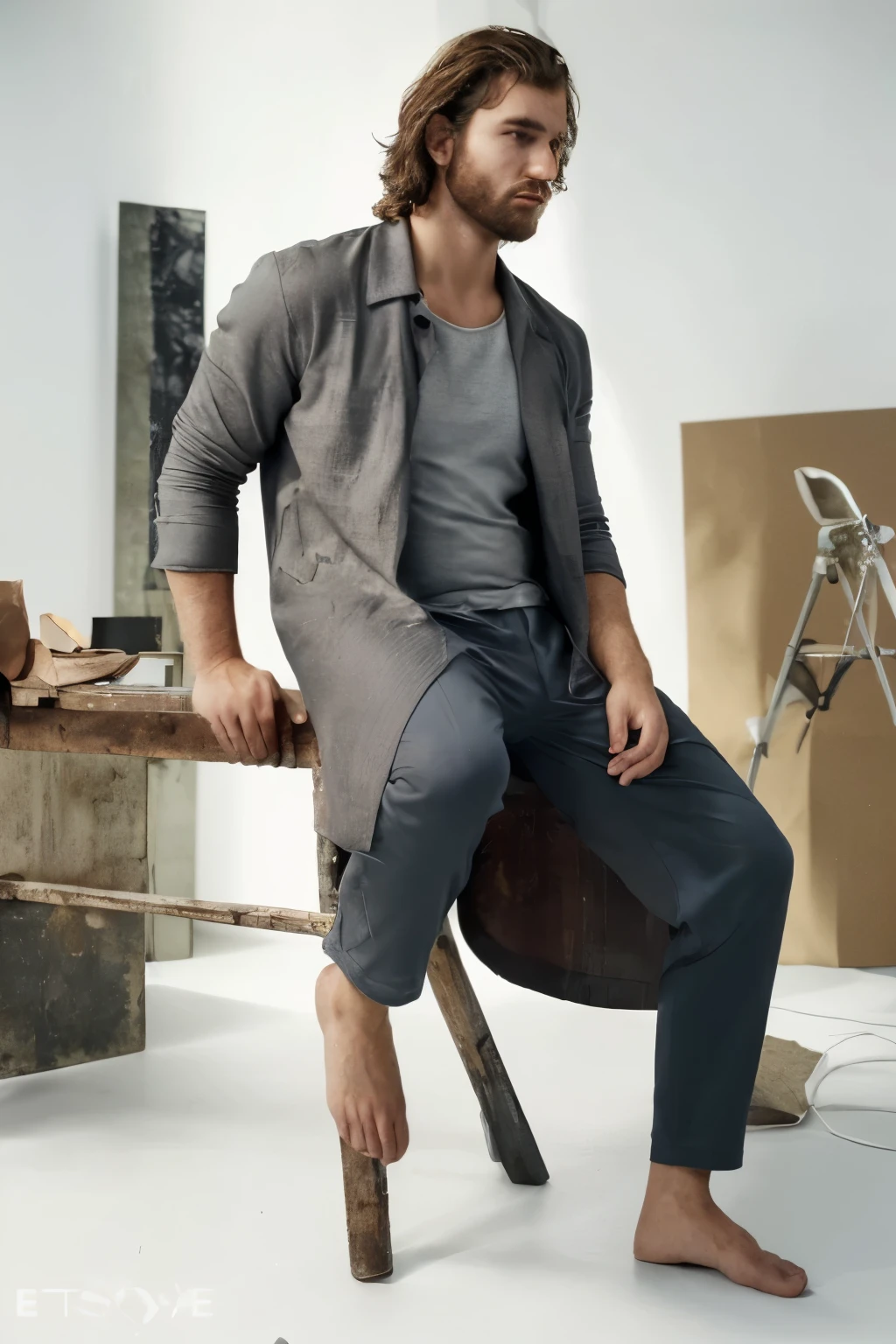 Man sitting with big, strong hands, beautiful hands. Bem vestido fashion, The environment is a studio. There is a well-lit white background. Retire qualquer coisa do fundo.