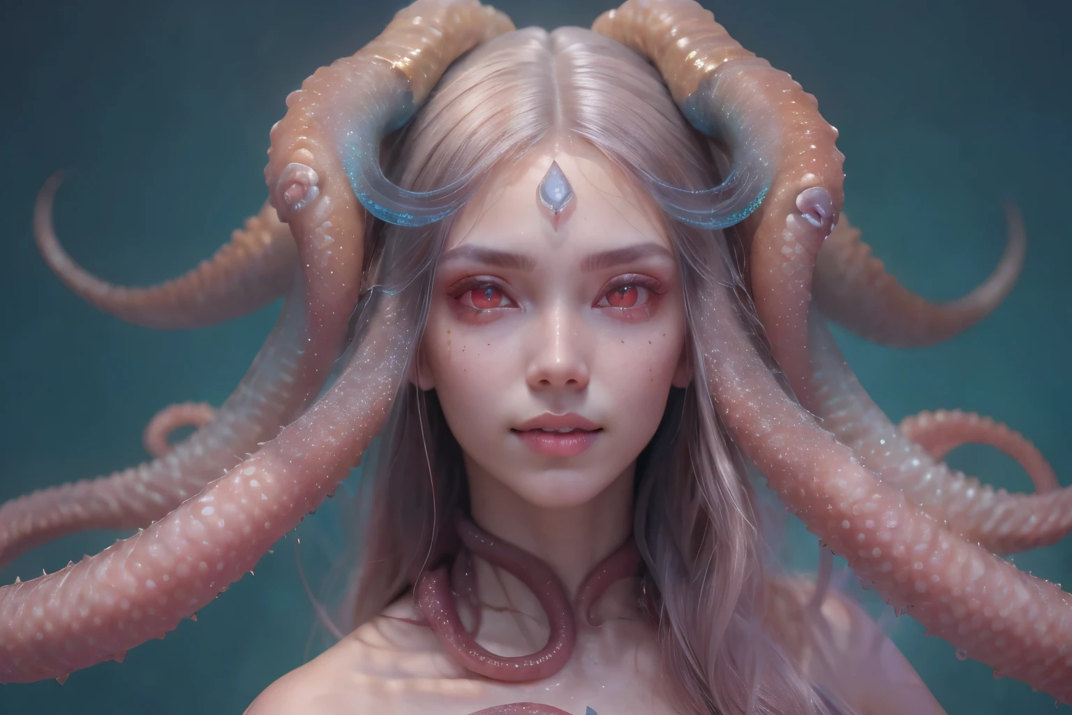 Portrait, (beautiful female alien:1.2), (she has red eyes with no pupils:1.8), (Translucent skin:1.7), (There is a female genital-like organ in the middle of the forehead:1.9), (The most beautiful face in the history of the universe:1.2),an evil gaze that seduces, (large mouth:1.1), (sharp teeth like a vampire:1.2), Full body like, (bio luminescent:1.5), (Smile wickedly:1.3), (sexypose:1.5), alien, No humans, cells are fused, (Lots of translucent tentacles:1.3) extraterrestrial, cell, bio image, Best Quality, 8K,4K_quality, High Definition, Dramatic Lighting, masutepiece:1.5,cinematic quality, detail up, (Intricate details:1.2), High resolution, High Definition, drawing faithfully, (Thick eyebrows:1.2), Beautiful eyes with fine symmetry,(Highly detailed face and eyes:1.2), Intimate face, (Super detailed skin quality feeling:1.4), Perfect Anatomy, (Beautiful toned body:1.5), (Moist skin:1.2), No makeup, (dark circles:1.1), long canines, cinematic drawing of characters, ultra high quality model, cinematic quality, detail up, (Intricate details:1.2), High resolution, High Definition, drawing faithfully, Official art, Unity 8K wall , 8K Portrait, Best Quality, Very High resolution, ultra detailed artistic photography, midnight aura, unreal enginee 5, Ultra Sharp Focus, art by alberto seveso, ArtGerm, Roisch, intricate artwork, best quality, masutepiece, ultra High resolution, (photos realistic:1.4), Ultra-realistic realism, dream-like, nautilus, Creation of fantasy, Snail, Dream Snail, biopunk nautilus, Thrilling color schemes, Ultra-realistic realism, seductively smiling, Blue tentacles,