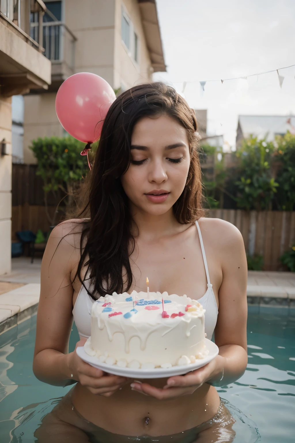 Create 05 images that show that a person is celebrating their birthday.
Nas imagens quero que contenha:
Balloons Cake blowing candle Pool party And photo with a pet