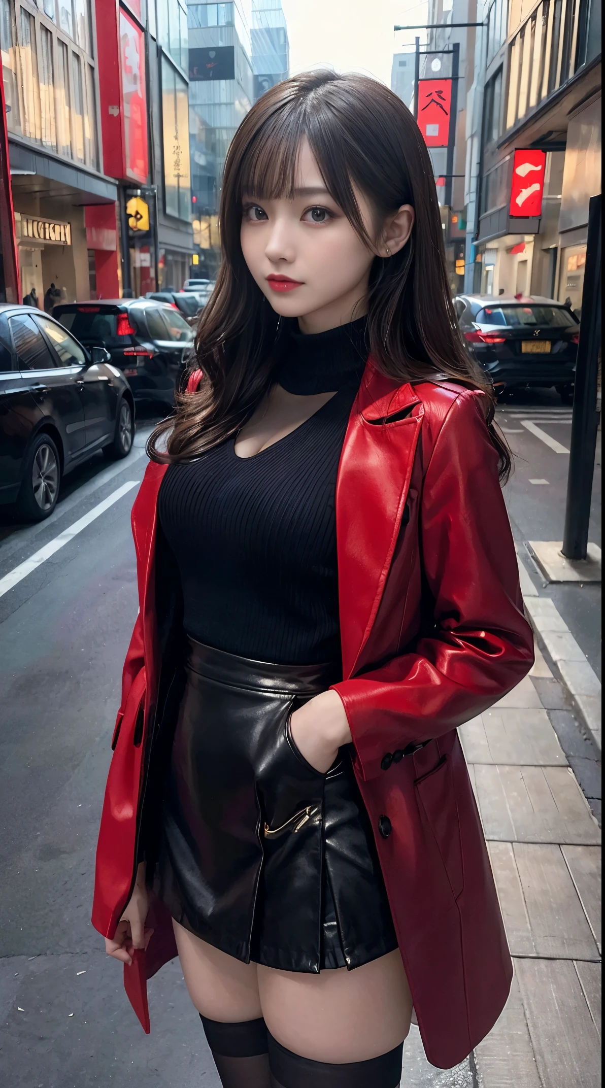 highres,masterpiece,best quality,extremely detailed,nsfw,1girl,city, street,arms behind back,sexy short black skirt, sexy red coat, slender body, full body shot, beautiful Japanese gravure idol