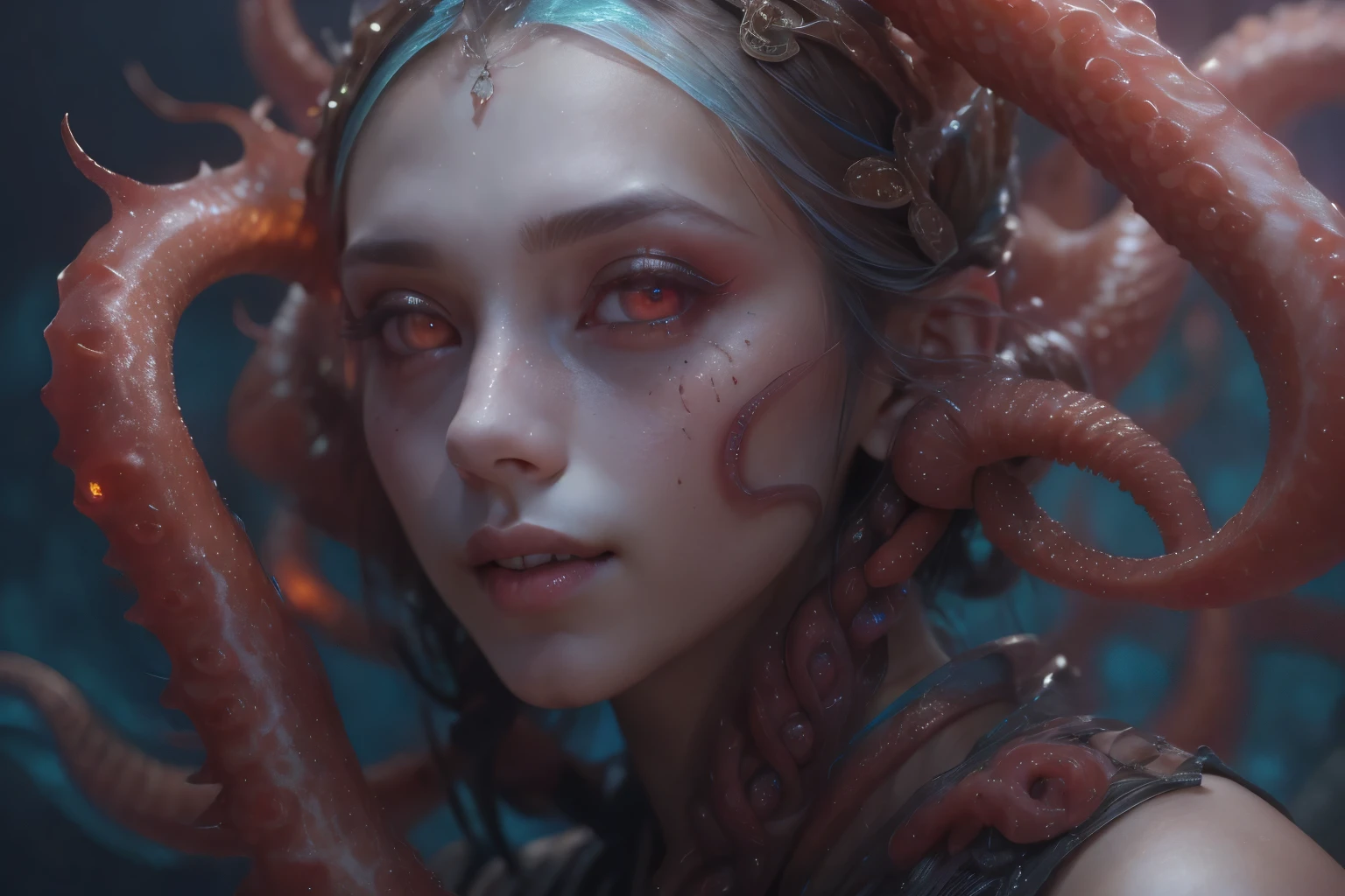 Portrait, (beautiful female alien:1.2), (she has red eyes with no pupils:1.8), (Translucent skin:1.7), (There is a female genital-like organ in the middle of the forehead:1.9), (The most beautiful face in the history of the universe:1.2),an evil gaze that seduces, (large mouth:1.1), (sharp teeth like a vampire:1.2), Full body like, (bio luminescent:1.5), (Smile wickedly:1.3), (sexypose:1.5), alien, No humans, cells are fused, (Lots of translucent tentacles:1.3) extraterrestrial, cell, bio image, Best Quality, 8K,4K_quality, High Definition, Dramatic Lighting, masutepiece:1.5,cinematic quality, detail up, (Intricate details:1.2), High resolution, High Definition, drawing faithfully, (Thick eyebrows:1.2), Beautiful eyes with fine symmetry,(Highly detailed face and eyes:1.2), Intimate face, (Super detailed skin quality feeling:1.4), Perfect Anatomy, (Beautiful toned body:1.5), (Moist skin:1.2), No makeup, (dark circles:1.1), long canines, cinematic drawing of characters, ultra high quality model, cinematic quality, detail up, (Intricate details:1.2), High resolution, High Definition, drawing faithfully, Official art, Unity 8K wall , 8K Portrait, Best Quality, Very High resolution, ultra detailed artistic photography, midnight aura, unreal enginee 5, Ultra Sharp Focus, art by alberto seveso, ArtGerm, Roisch, intricate artwork, best quality, masutepiece, ultra High resolution, (photos realistic:1.4), Ultra-realistic realism, dream-like, nautilus, Creation of fantasy, Snail, Dream Snail, biopunk nautilus, Thrilling color schemes, Ultra-realistic realism, seductively smiling, Blue tentacles,