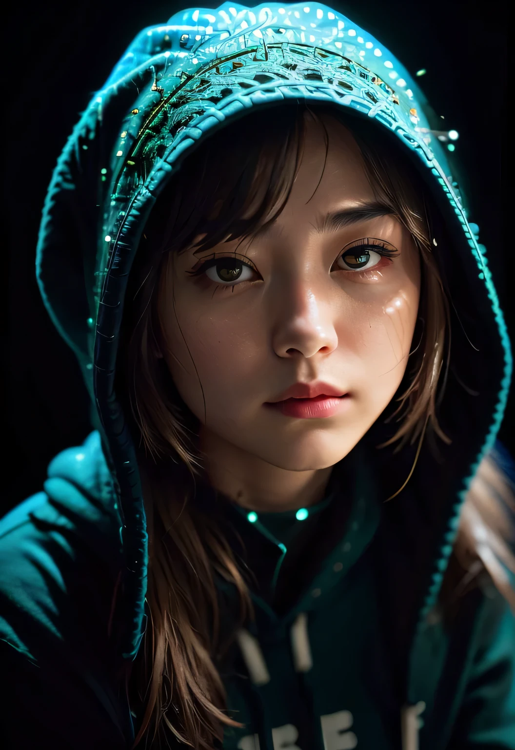 Raw photography、25-year-old girl、Blue Hoodie、(1girl in)、(realisitic)、(Photorealsitic:1.5)、lipsticks、multi-colored long hair、a choker、(Raw photography、8K UHD、film grains)、Sharp eyeliner、Her thick eyelashes and cheek eyeshadow are very delicate and beautiful..、8K、(Soft lighting)、hightquality、hight resolution、foco nítido、ighly detailed、during the day、(sunlight on face)、美しく詳細な目ighly detailedな目と顔、masterpiece、(lighting like a movie)、(high-detail skin:1.2)、8K UHD、Digital SLR、Soft lighting、hightquality、film grains、masterpiece, 最hightquality, hightquality, hight resolution、Blue-Red-Green-Yellow backlight