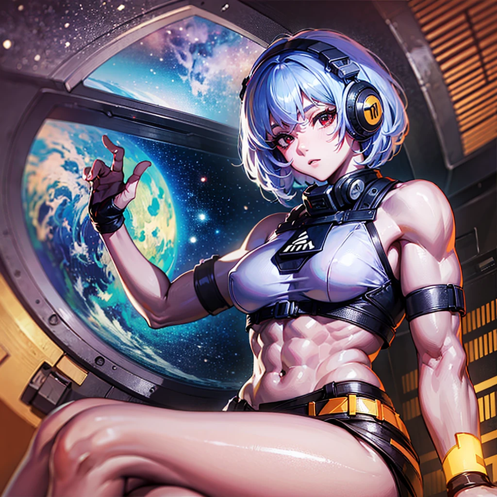 (((masterpiece、Top image quality、top-quality、highly detailed unity 8kwall-paper)))、((Illustration of one girl))、(pilot)、(((blue silver short hair)))、Red eyes、((Tall))、(((Muscle Girl、Muscular and strong body、abdominals、muscular and thick arms、muscular and thick legs、stocky build、muscular legs、broad shoulders))))、(((白いpilotスーツ)))、((manspreading、Sitting in the cockpit、armpit))、((space fighter cockpit、The Universe on the Monitor、Earth seen from space))