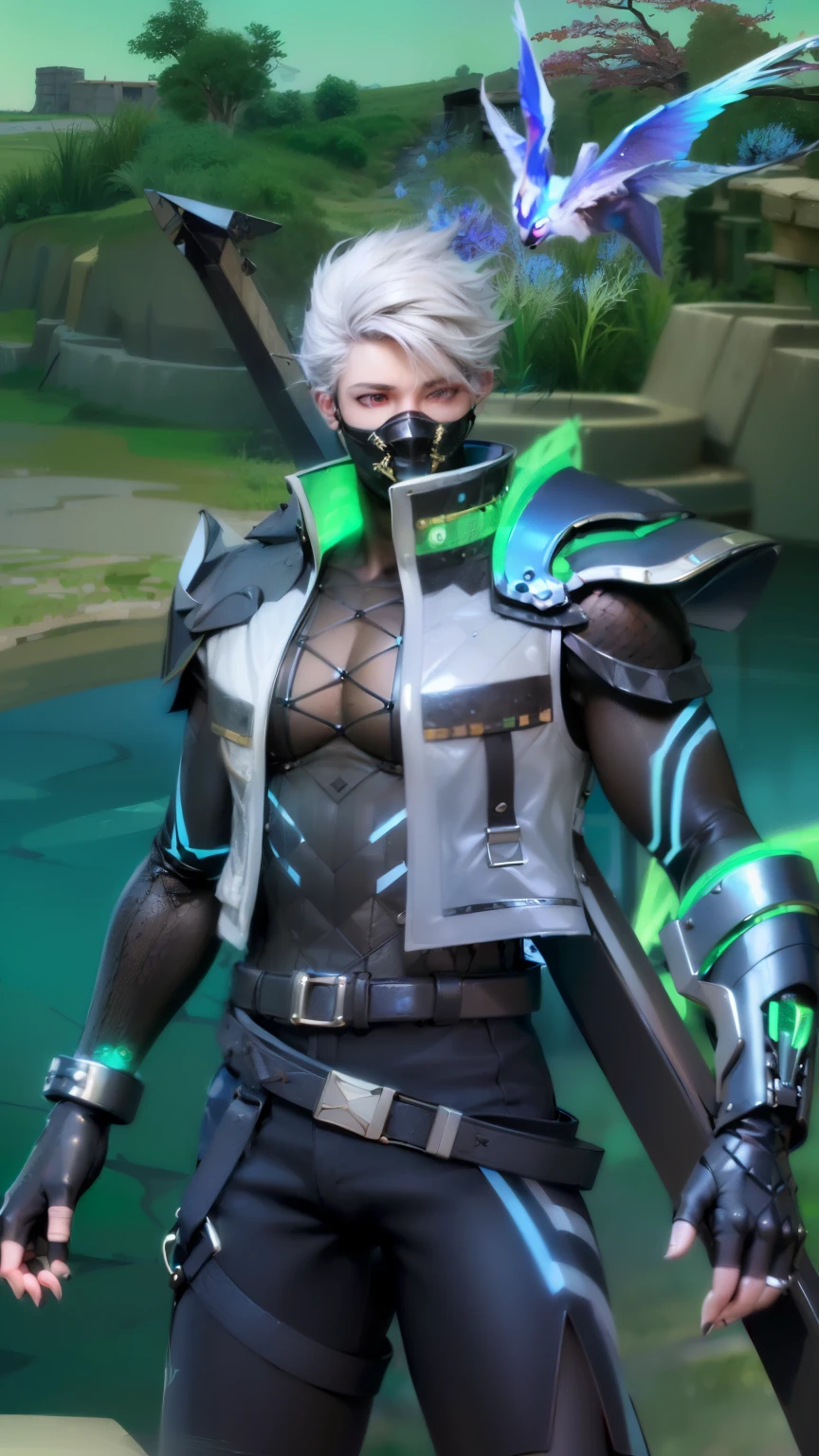 masculine male, masterpiece, ((perfect eyeest quality, (semirealism:1.9), beautiful lighting, (extremely detailed CG unity 4k fhd wallpaper), High Detail, Sharp focus, dramatic outdoors, 1 boy ,19 years old, white hair, light purpel eyes.