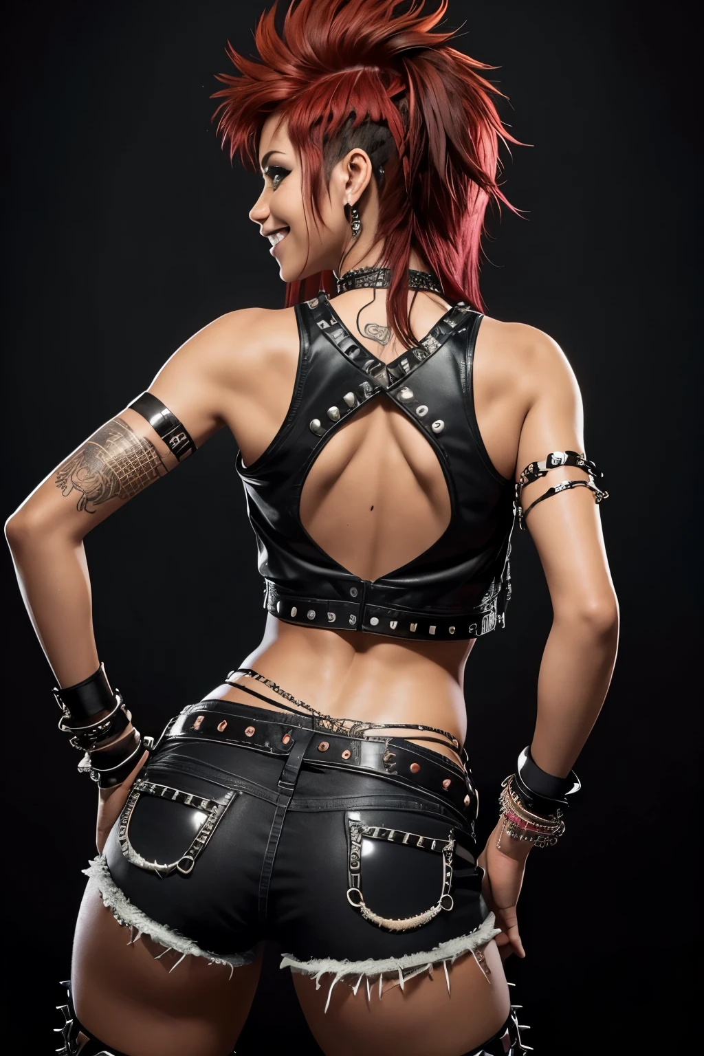 A cool looking punk girl with a high red mowhawk. Tanned skin. White punk tank top. studded bracelets. Black shorts with studded belt. Looking with a grin at the camera. Camera angle from behind. Nice booty. Black background.