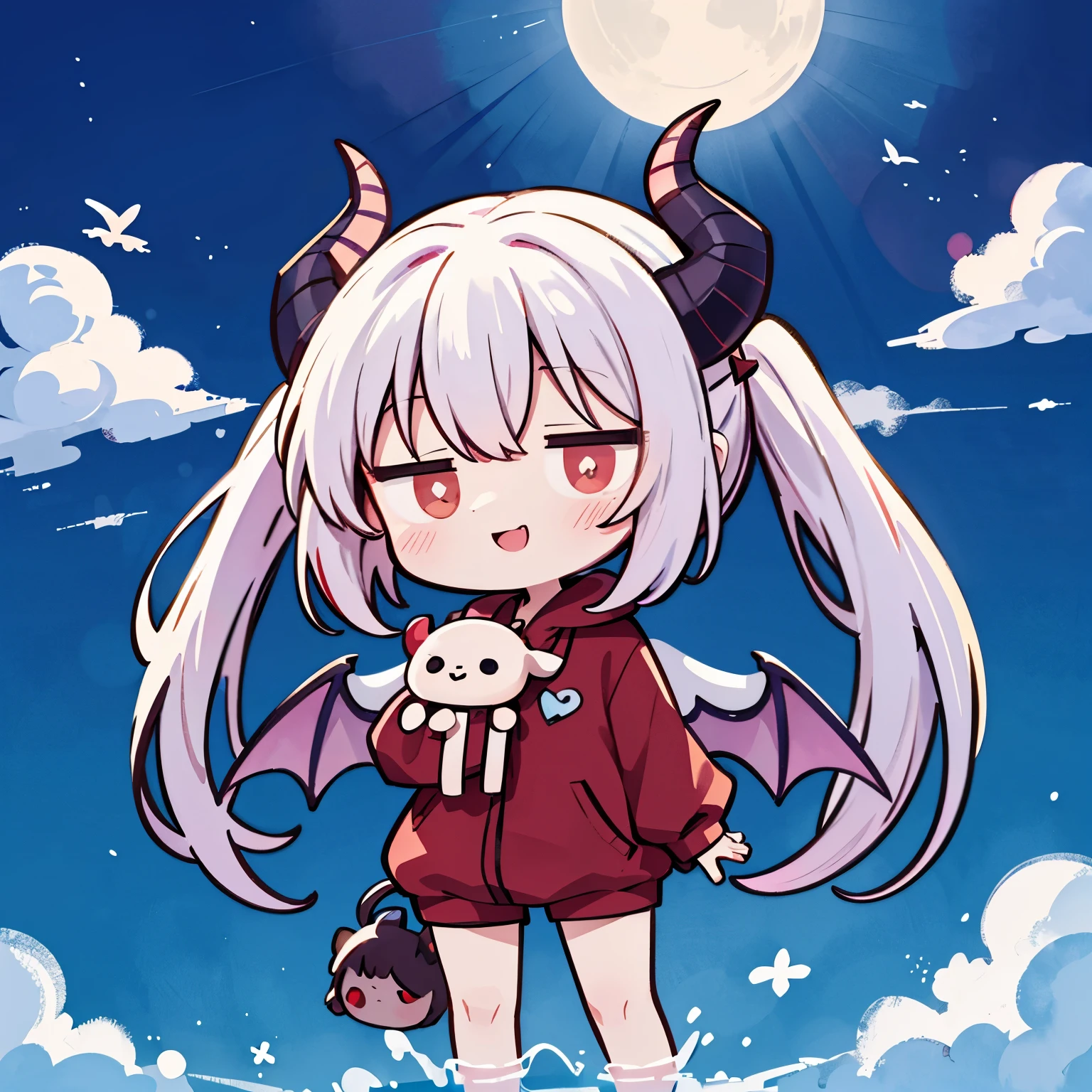 (Chibi:1.2), full bodyesbian、Kigurumi,succubus、succubusの着ぐるみ、a smile、Devil's Wings、Horns、watercolor paiting, Standing, Sunlight, (work:1.2)、heart、teak、Flying in the sky、Floating in the air、