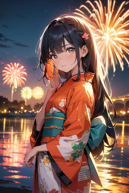 Prompt:cena:0.9, (master part), (((ultra detalhado, Qualidade 8k))), alta qualidade, Vibrant fireworks, vermelho, verde, azul, amarelo, laranja rosa, neon light, 1girl, quimono, cabelos longos, franja lateral, olhos castanhos, perfect hands