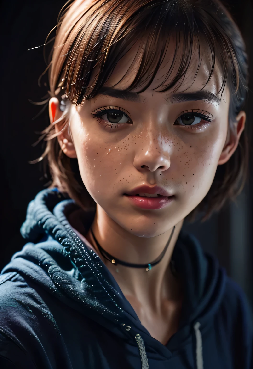 Raw photography、25-year-old girl、Blue Hoodie、(1girl in)、(realisitic)、(Photorealsitic:1.5)、Lipstick Freckles、Multicolor Hair、a choker、(Raw photography、8K UHD、film grains)、Sharp eyeliner、The cheek eyeshadow on dark eyelashes is very delicate and beautiful、8K、(Soft lighting)、hightquality、hight resolution、foco nítido、ighly detailed、during the day、(sunlight on face)、美しく詳細な目ighly detailedな目と顔、​masterpiece、(lighting like a movie)、(high-detail skin:1.2)、8K UHD、Digital SLR、Soft lighting、hightquality、film grains、​masterpiece, 最hightquality, hightquality, hight resolution、Blue-Red-Green-Yellow backlight