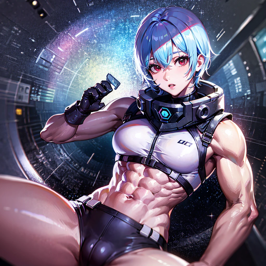 (((masterpiece、Top image quality、top-quality、highly detailed unity 8kwall-paper)))、((Illustration of one girl))、(pilot)、(((blue silver short hair)))、Red eyes、((Tall))、(((Muscle Girl、Muscular and strong body、abdominals、muscular and thick arms、muscular and thick legs、stocky build、muscular legs、broad shoulders))))、(((白いpilotスーツ)))、((manspreading、Sitting in the cockpit、armpit))、((space fighter cockpit、The Universe on the Monitor、Earth seen from space))