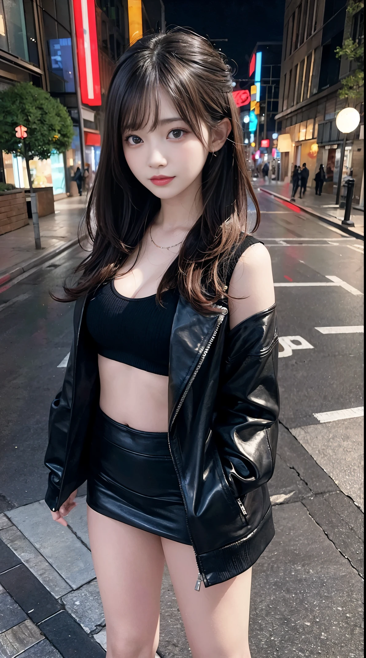 highres,masterpiece,best quality,extremely detailed,nsfw,1girl,city, street,arms behind back,sexy short black skirt, sexy red coat, slender body, full body shot, beautiful Japanese gravure idol, big breasts