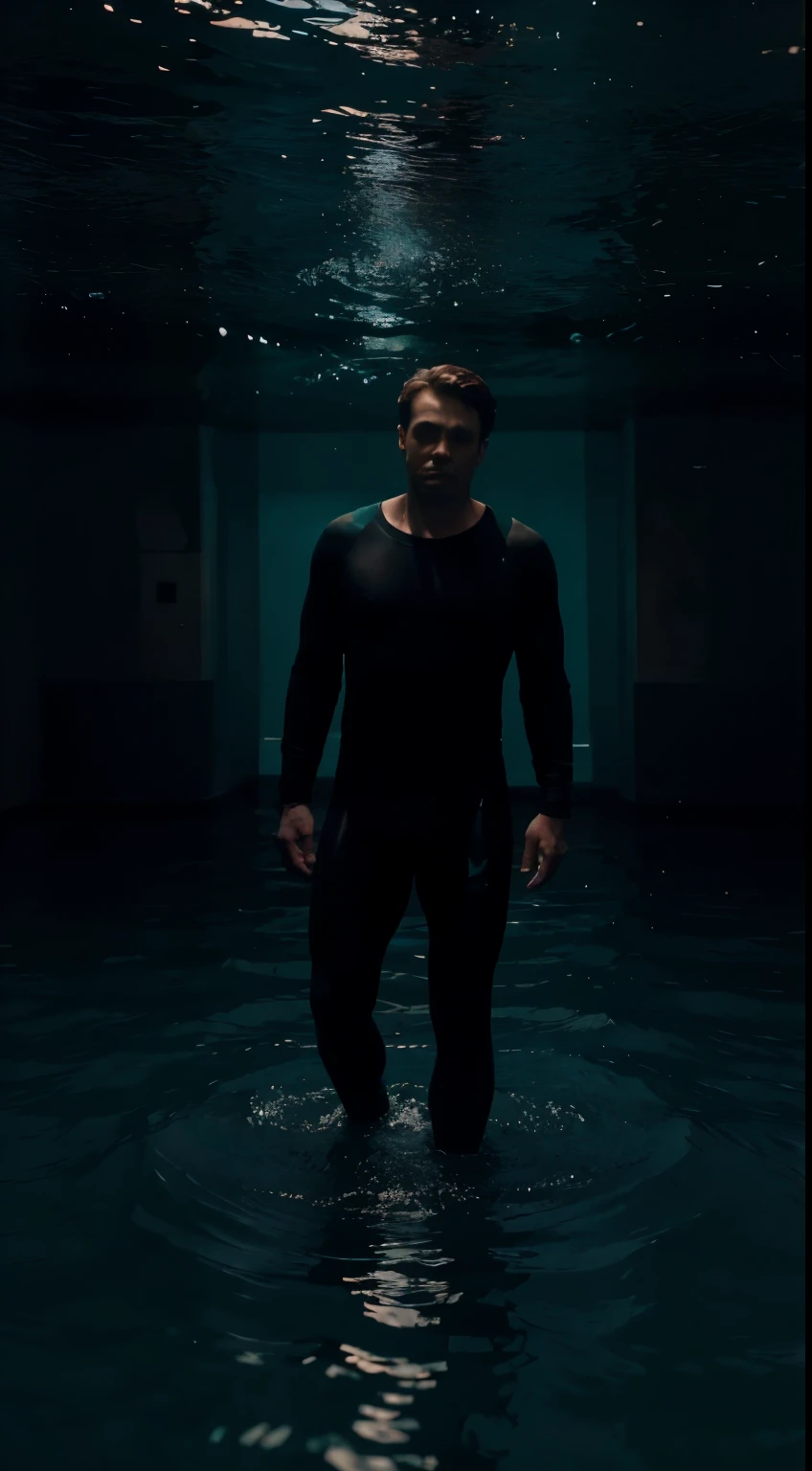 a man drowning in the darkness of the sea, full body, teal and orange, cinemeatic, 8k ultra hd