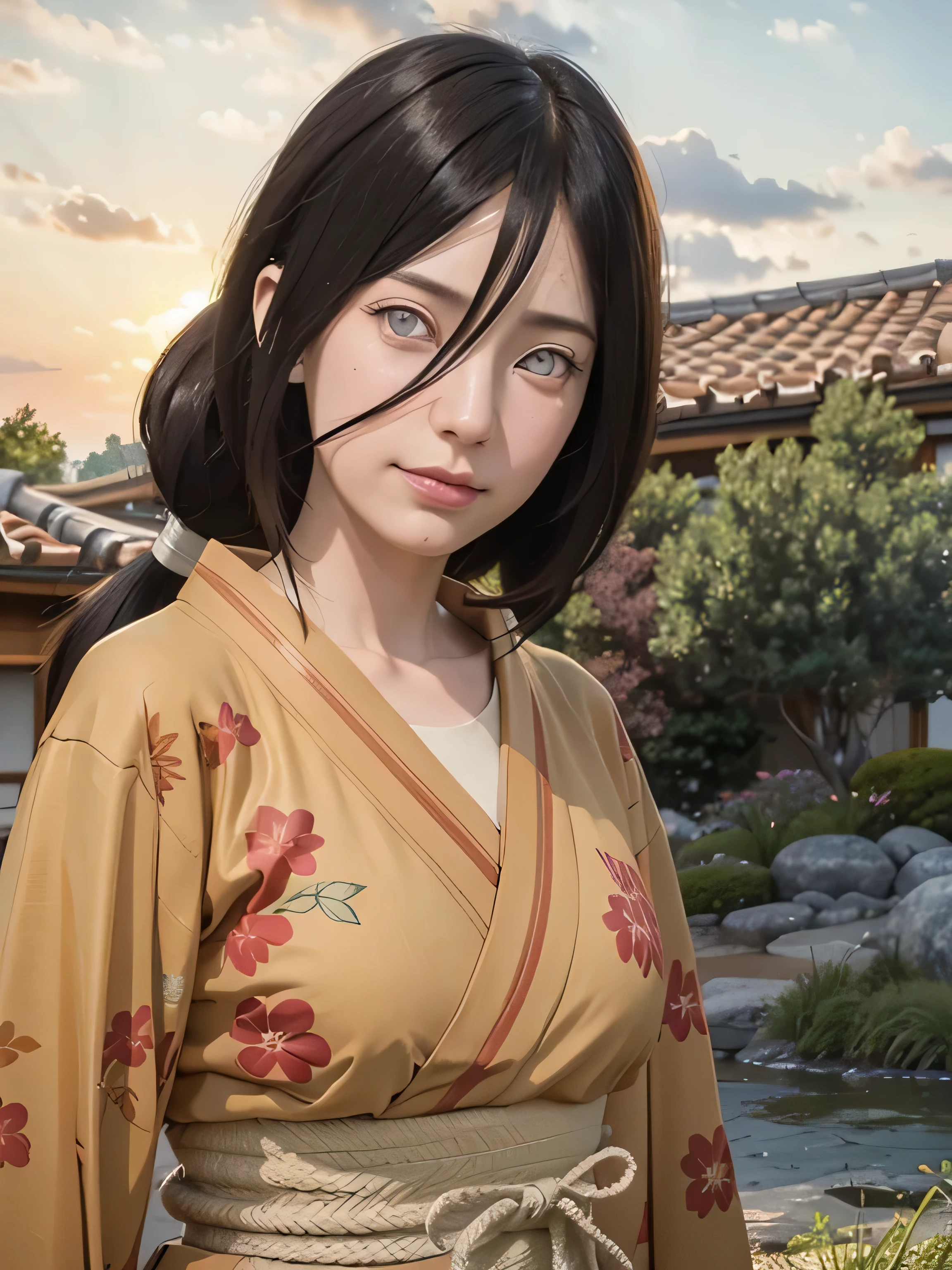 Realistic,masterpiece, best quality, (realistic,photo-realistic:1.4), (RAW photo:1.2),extremely detailed CG unity 8k wallpaper, delicate and beautiful, amazing,finely detail, official art, absurdres, incredibly absurdres, huge filesize, ultra-detailed,extremely detailed eyes and face, light on face,little smile,japanese house background,long hair,brown hair,ponytail,byakugan,night,hanabi,wearing kimono