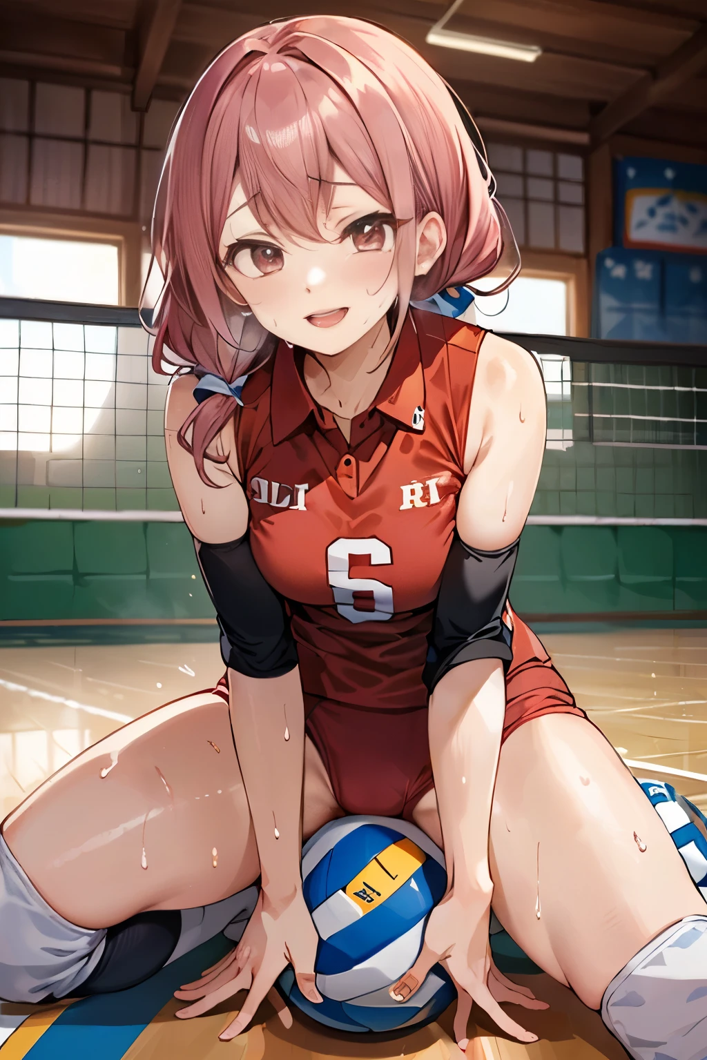 unity 8k wallpaper, anatomically correct, (((masterpiece))), (((best quality))), (((ultra detailed))), (((high-resolution))), ((super fine illustration)), ((Ultimate cutie)), ((perfect hands)), ((perfect finger)), (((good anatomy))), detailed beautiful face, shiny hair, (((gyaru))), (potbelly), (curvy), medium breasts, ((Thick thighs)), (((solo))), ((seductive smile)), (((blush))), (half open mouth),
BREAK, (((sit astride the perfectly spherical shape 6-inch volleyball))), (((Straddling a perfectly spherical 6" volleyball))), (((Perfectly spherical 6" volleyball fits perfectly crotch))), BREAK, (((Rub the Perfectly spherical 6" volleyball against crotch))),
BREAK, (Collared volleyball uniforms), sleeveless, ((buruma)), ((kneepad)), (elbow pad), (((sweat))), (((covered in sweat))), ((deep breathing)), in Volleyball Court, indoor, lighting, looking at viewer, full body, (spoken heart)