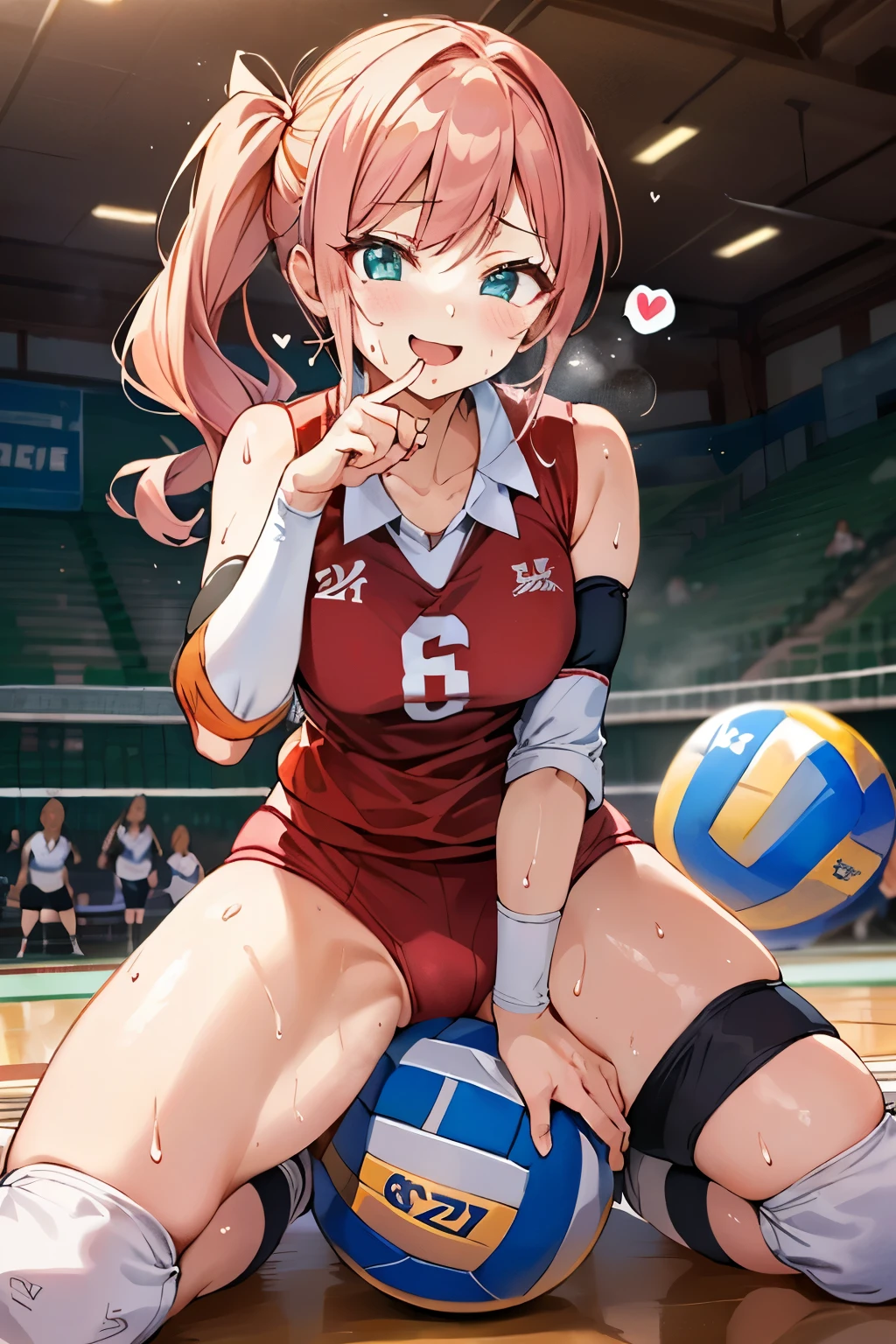unity 8k wallpaper, anatomically correct, (((masterpiece))), (((best quality))), (((ultra detailed))), (((high-resolution))), ((super fine illustration)), ((Ultimate cutie)), ((perfect hands)), ((perfect finger)), (((good anatomy))), detailed beautiful face, shiny hair, (((gyaru))), (potbelly), (curvy), medium breasts, ((Thick thighs)), (((solo))), ((seductive smile)), (((blush))), (half open mouth),
BREAK, (((sit astride the perfectly spherical shape 6-inch volleyball))), (((Straddling a perfectly spherical 6" volleyball))), (((Perfectly spherical 6" volleyball fits perfectly crotch))), BREAK, (((Rub the Perfectly spherical 6" volleyball against crotch))),
BREAK, (Collared volleyball uniforms), sleeveless, ((buruma)), ((kneepad)), (elbow pad), (((sweat))), (((covered in sweat))), ((deep breathing)), in Volleyball Court, indoor, lighting, looking at viewer, full body, (spoken heart)