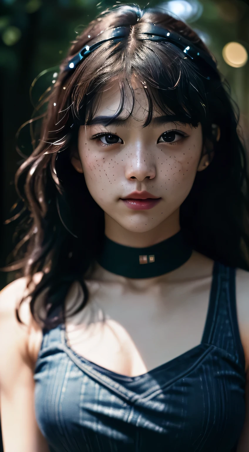Raw photography、25-year-old girl、(1girl in)、(realisitic)、(Photorealsitic:1.5)、Lipstick Freckles、Multicolor Hair、a choker、(Raw photography、8K UHD、film grains)、Sharp eyeliner、Her thick eyelashes and cheek eyeshadow are very delicate and beautiful......、8K、(Soft lighting)、hightquality、hight resolution、foco nítido、ighly detailed、during the day、(sunlight on face)、美しく詳細な目ighly detailedな目と顔、​masterpiece、(lighting like a movie)、(high-detail skin:1.2)、8K UHD、Digital SLR、Soft lighting、hightquality、film grains、​masterpiece, 最hightquality, hightquality, hight resolution、Blue-Red-Green-Yellow backlight、((facial close-up))、croptop、cropped pants mini、long curly hair