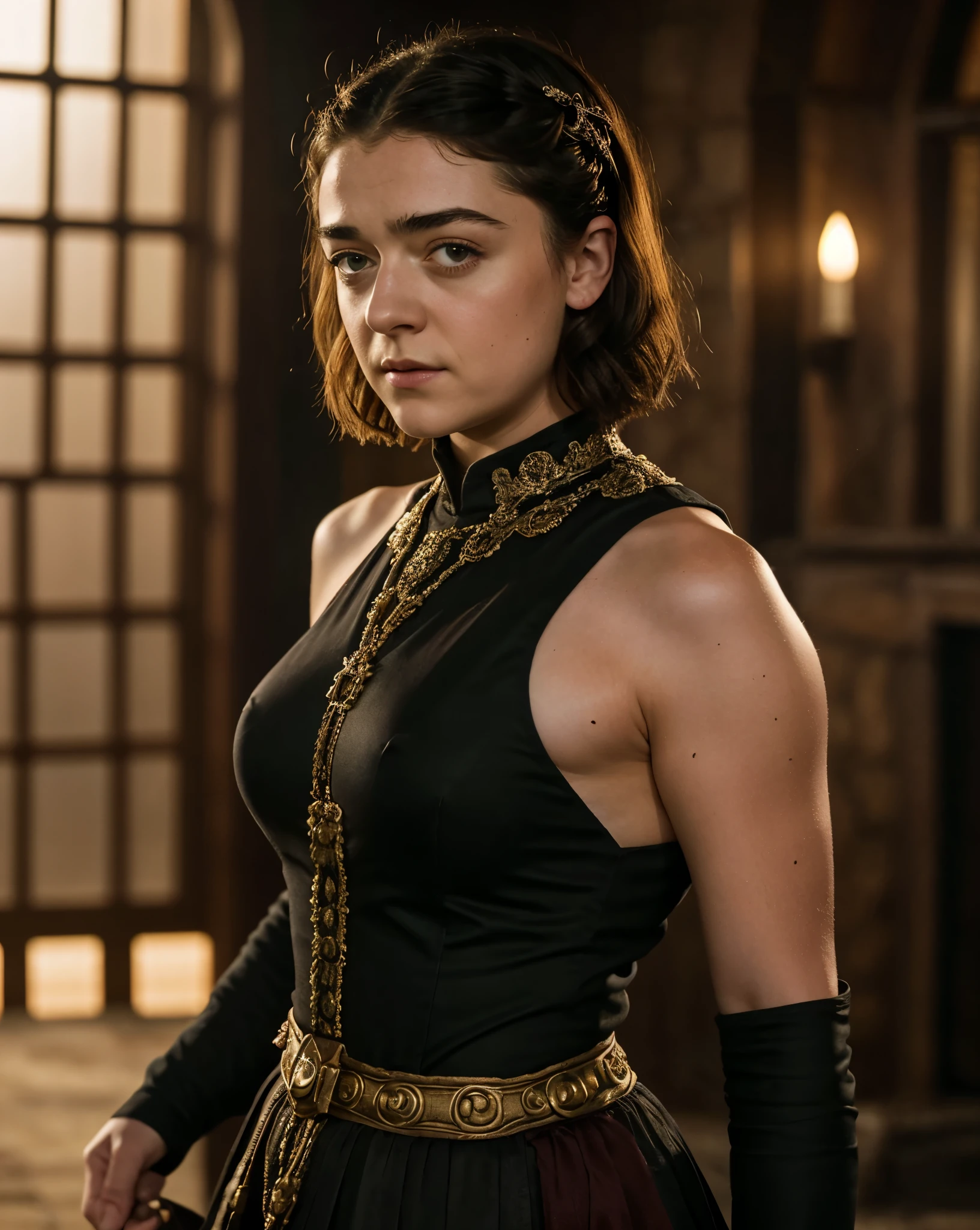 Foto RAW, RAW photograph of Maisie Williams, Arya Stark, mediaeval world cinematic background, Extremely gorgeous lady, Arya Stark PLAYED BY MAISIE WILLIAMS, Queen Arya Stark, she a mature woman now, milf, sexy mediaeval battle dress, gladiator woman, body, 40 years old Woman, body revealing costumes, perky breast, skin pores, big natural breast, erotic costumes, lusty physique, seductive figure can capture every people's attention, Game of thrones costumes, revealing captivating figure, Mediaeval costumes, revealing clothes, A tomboy, she would rather fence than dance, warrior queen , game of thrones screen caps, Game of Thrones Series, (pele altamente detalhada: 1.2), 8k UHD, DSLR, soft-lighting, alta qualidade, grain of film, Fujifilm XT3, flawless picture, highly detailed, detailed Beauty, intricate, 32k, sharp picture,