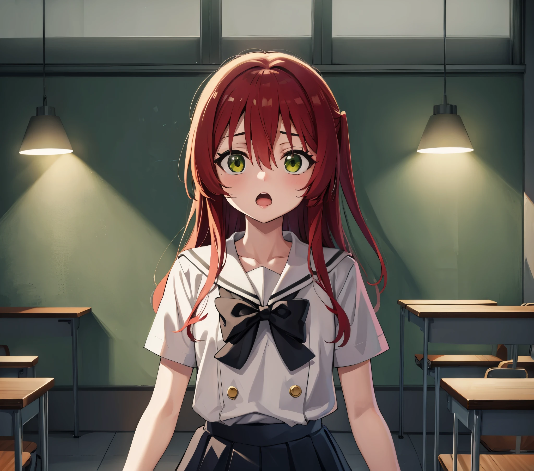 kitaikuyo, ikuyo kita, (green eyes:1.5), hair between eyes, long hair, one side up, red hair, (flat chest:1.2), BREAK black footwear, black skirt, grey sailor collar, pleated skirt, sailor collar, school uniform, shoes, short sleeves, shuka high school uniform, skirt,, BREAK looking at viewer, BREAK indoors, classroom, BREAK (masterpiece:1.2), best quality, high resolution, unity 8k wallpaper, (illustration:0.8), (beautiful detailed eyes:1.6), extremely detailed face, perfect lighting, extremely detailed CG, (perfect hands, perfect anatomy),up chest.Sad face.open mouth.big breasts.(((eyes highlight off))).